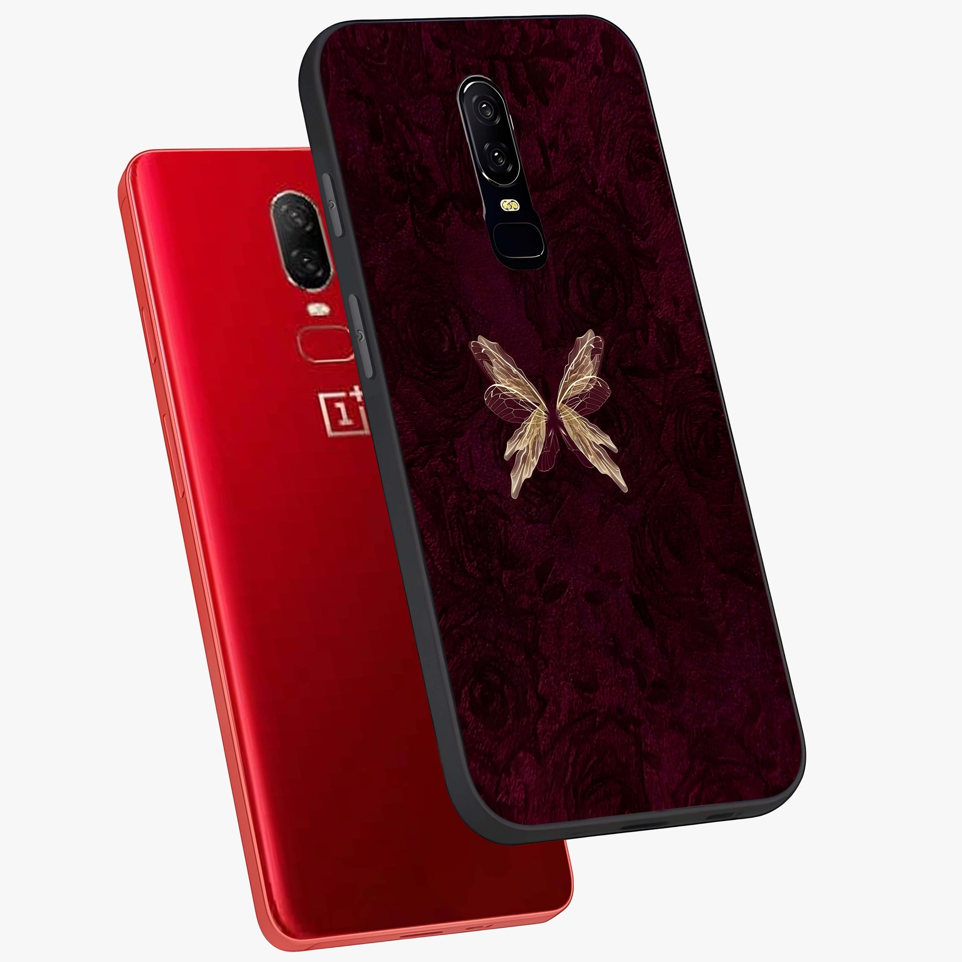 Crimson Fade Butterfly Glass Case displayed in angled mockup highlighting elegant butterfly design with crimson gradient aesthetic.