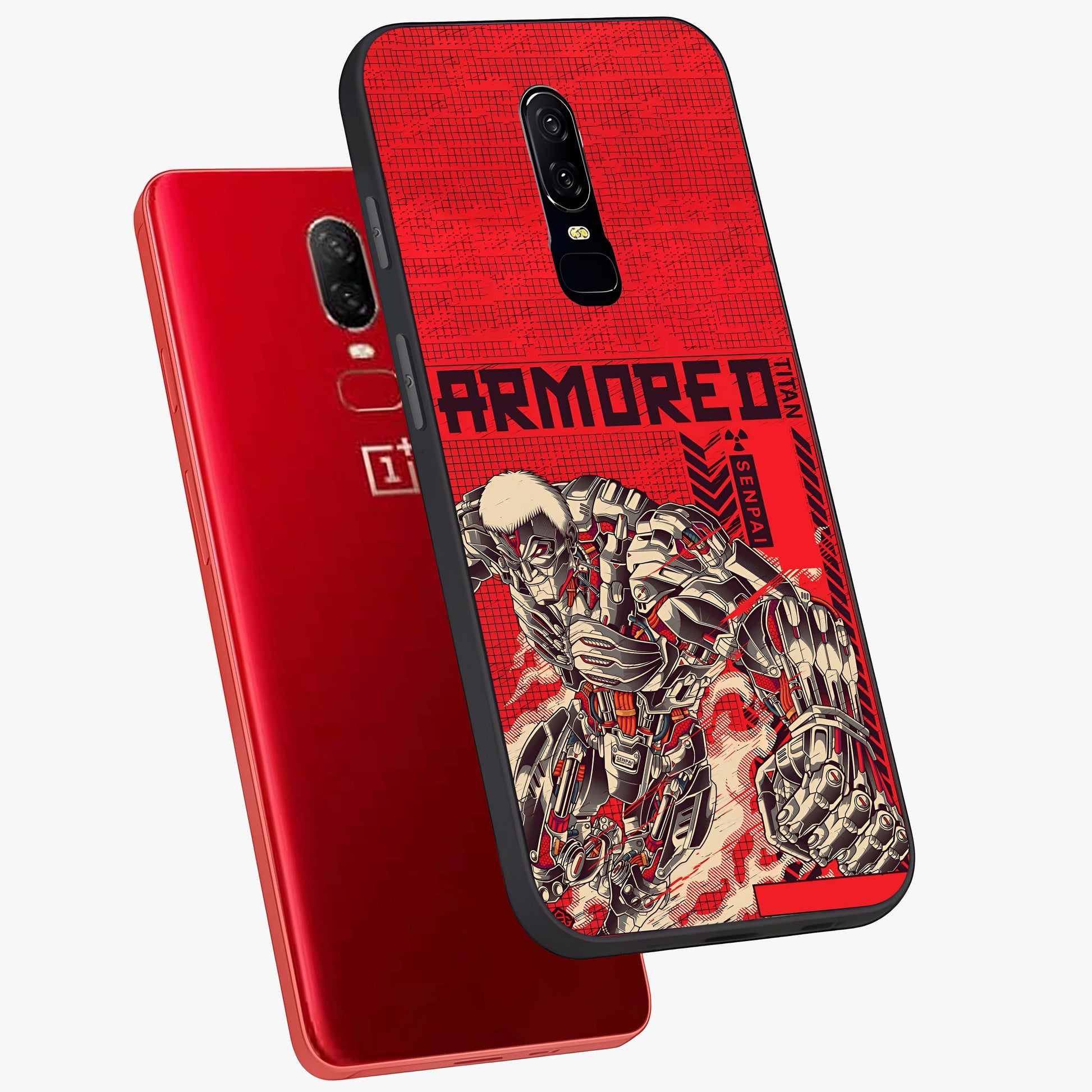 Crimson Mecha Titan Glass Case displayed in angled mockup highlighting futuristic mech illustration with bold crimson aesthetic.
