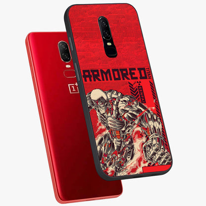 Crimson Mecha Titan Glass Case displayed in angled mockup highlighting futuristic mech illustration with bold crimson aesthetic.