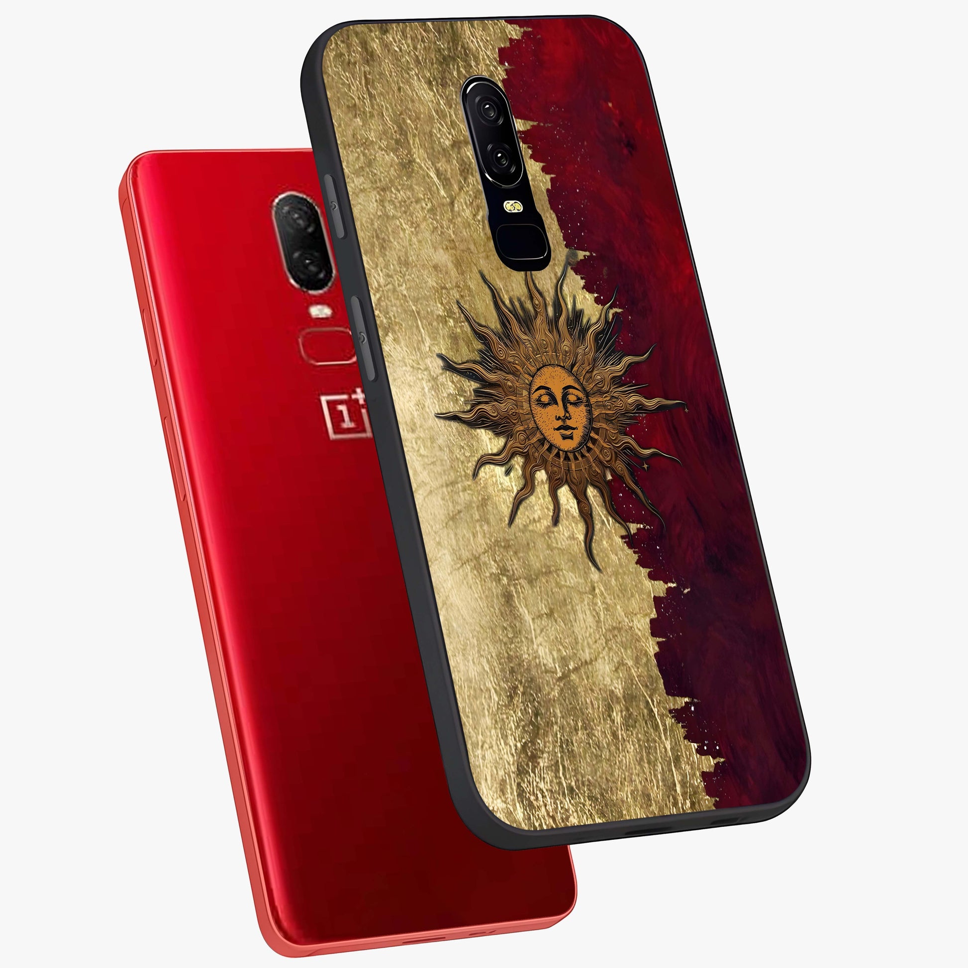 Crimson Sun Majesty Glass Case displayed in angled mockup highlighting majestic crimson sun design with bold aesthetic style.