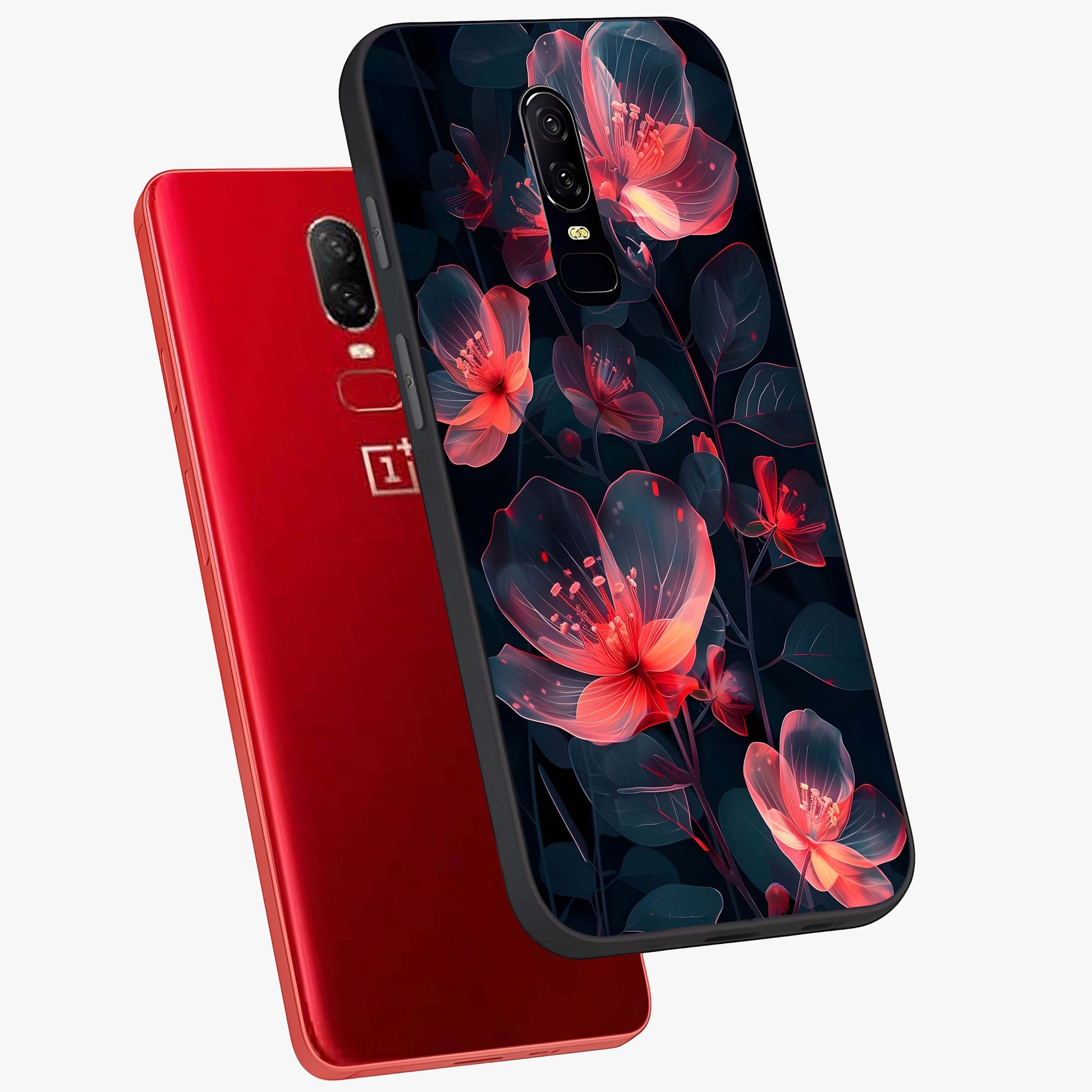 Dark Shade of Flower Glass Case displayed in angled mockup highlighting moody floral illustration with aesthetic dark tones.