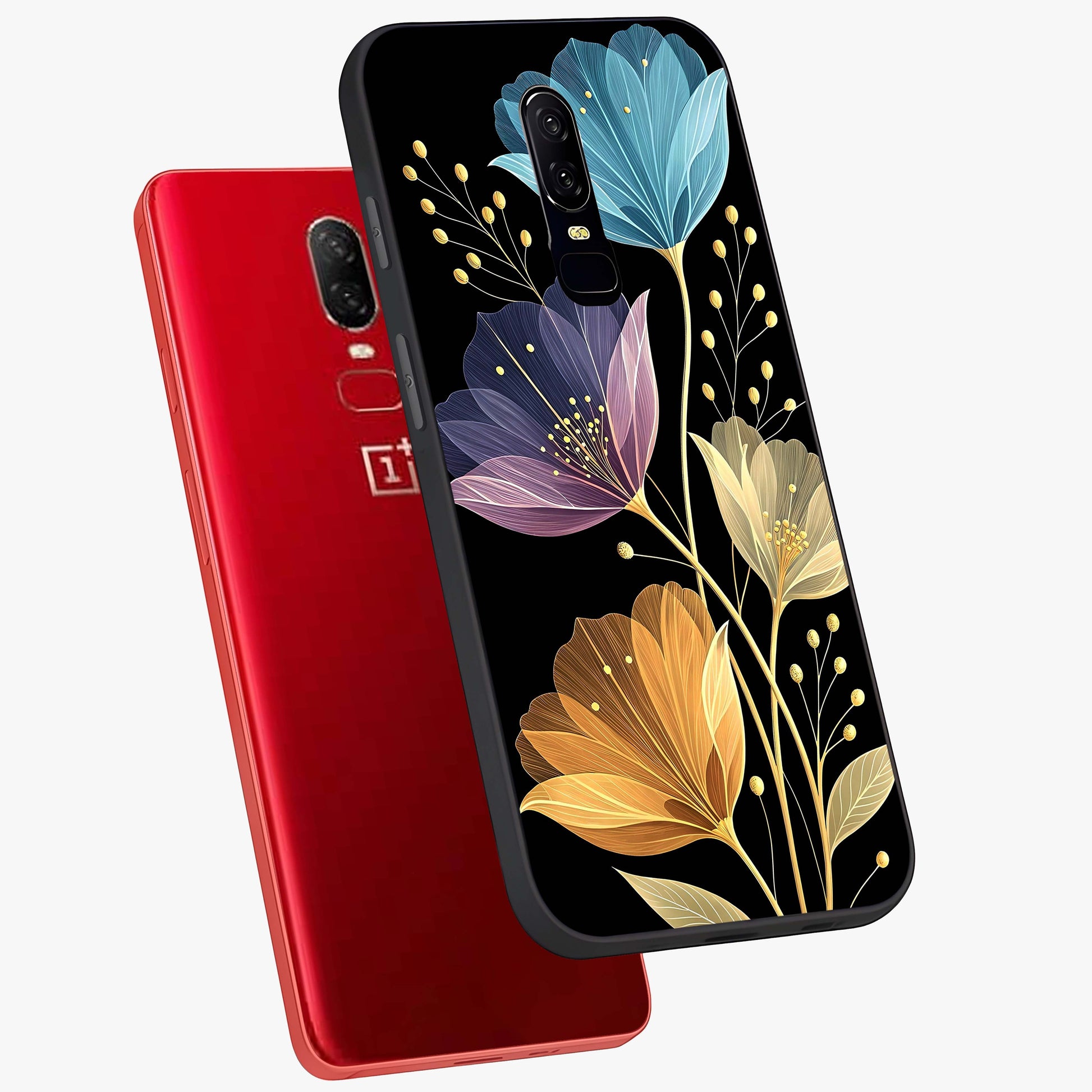 Delicate Multicolor Flowers Glass Case displayed in angled mockup highlighting colorful flower pattern with soft aesthetic style.