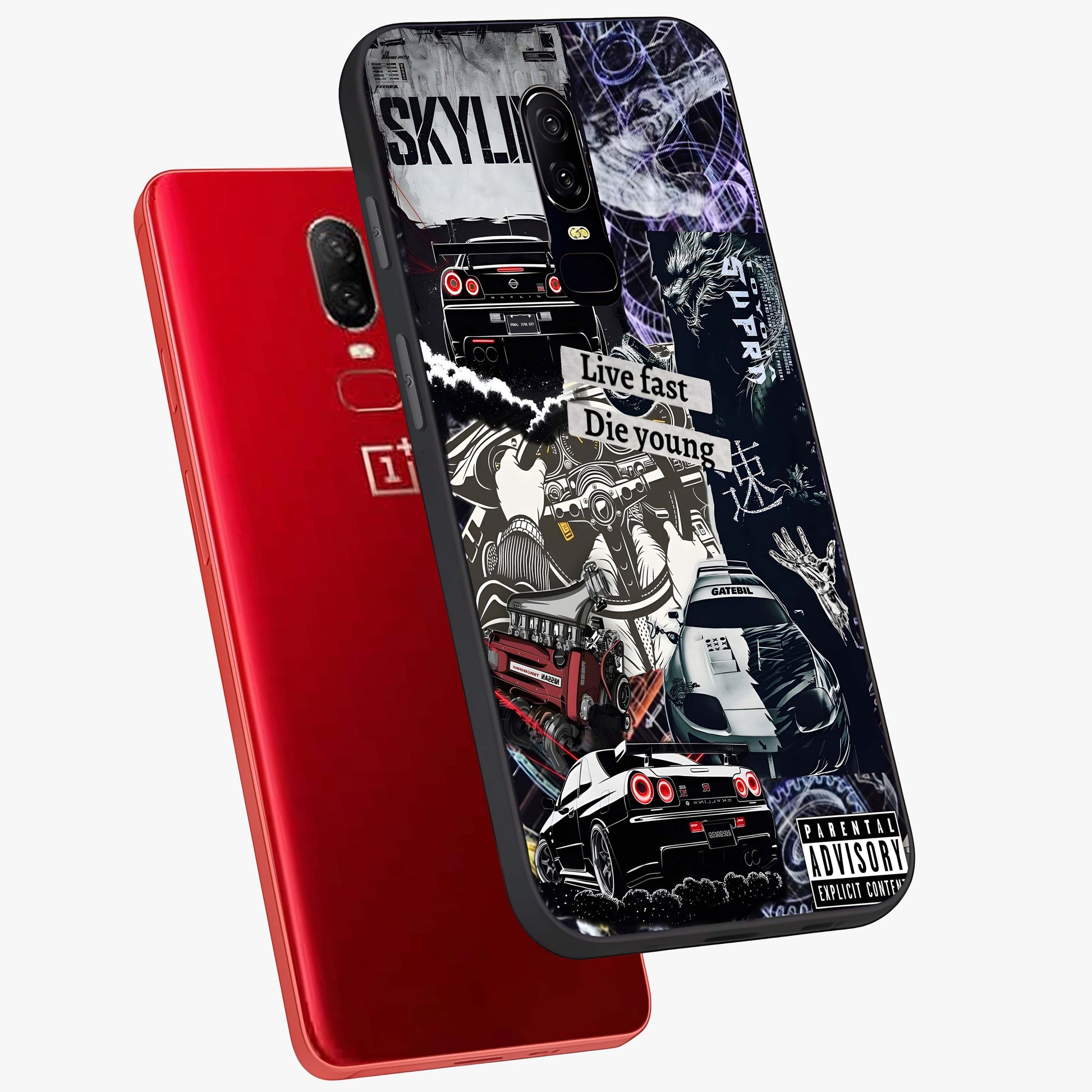 Die Young Glass Case displayed in angled mockup highlighting expressive graphic artwork with edgy aesthetic style.