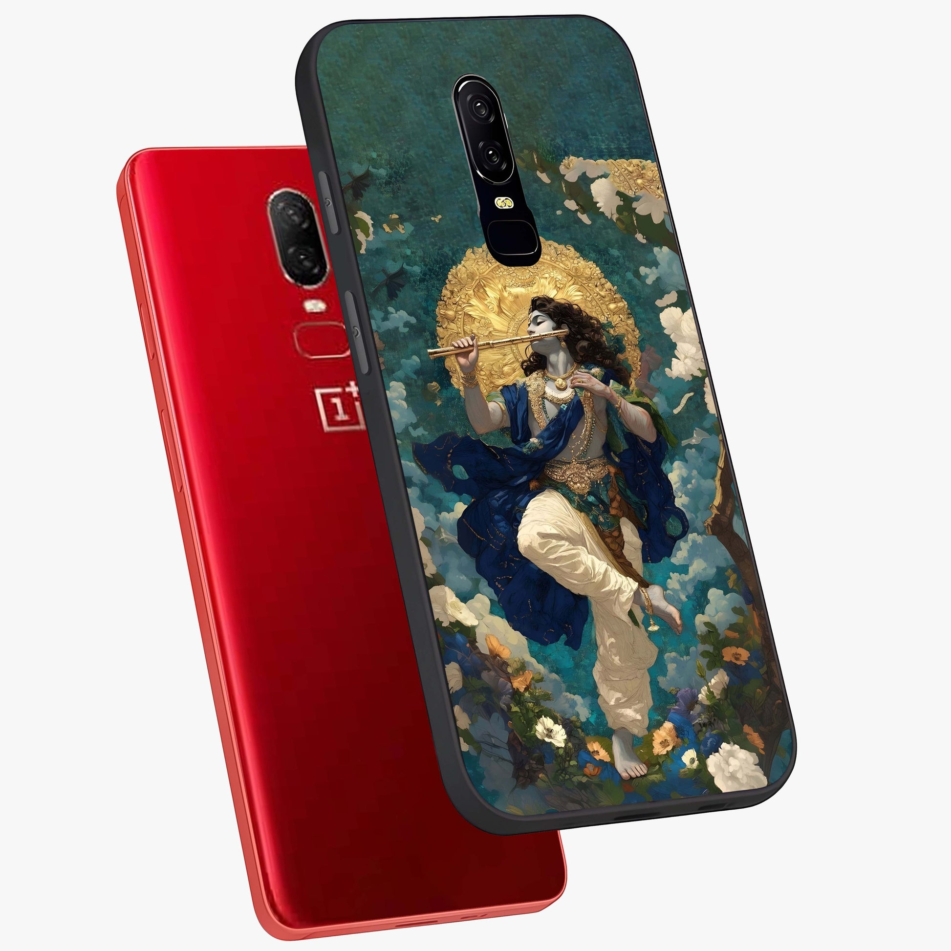 Divine Krishna Art Glass Case displayed in angled mockup highlighting spiritual Krishna illustration with devotional aesthetic.