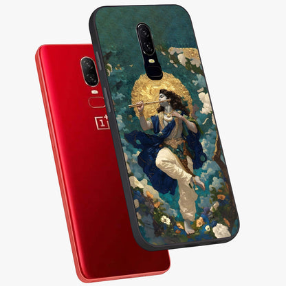 Divine Krishna Art Glass Case displayed in angled mockup highlighting spiritual Krishna illustration with devotional aesthetic.