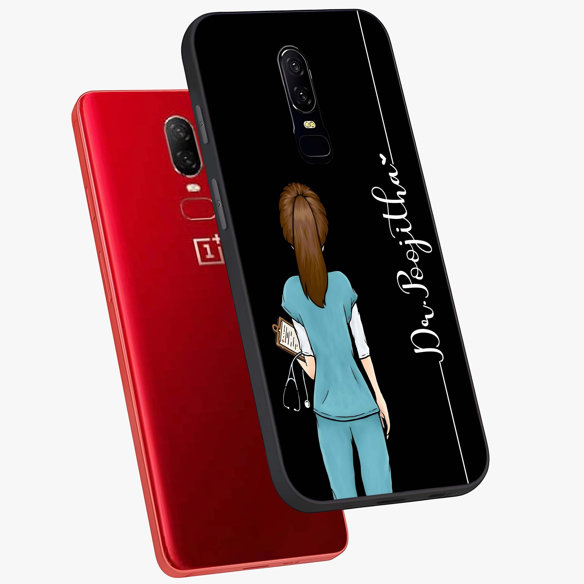 Doctor Pattern Custom Name Glass Case displayed in angled mockup highlighting doctor inspired artwork with custom name feature.