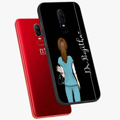 Doctor Pattern Custom Name Glass Case displayed in angled mockup highlighting doctor inspired artwork with custom name feature.