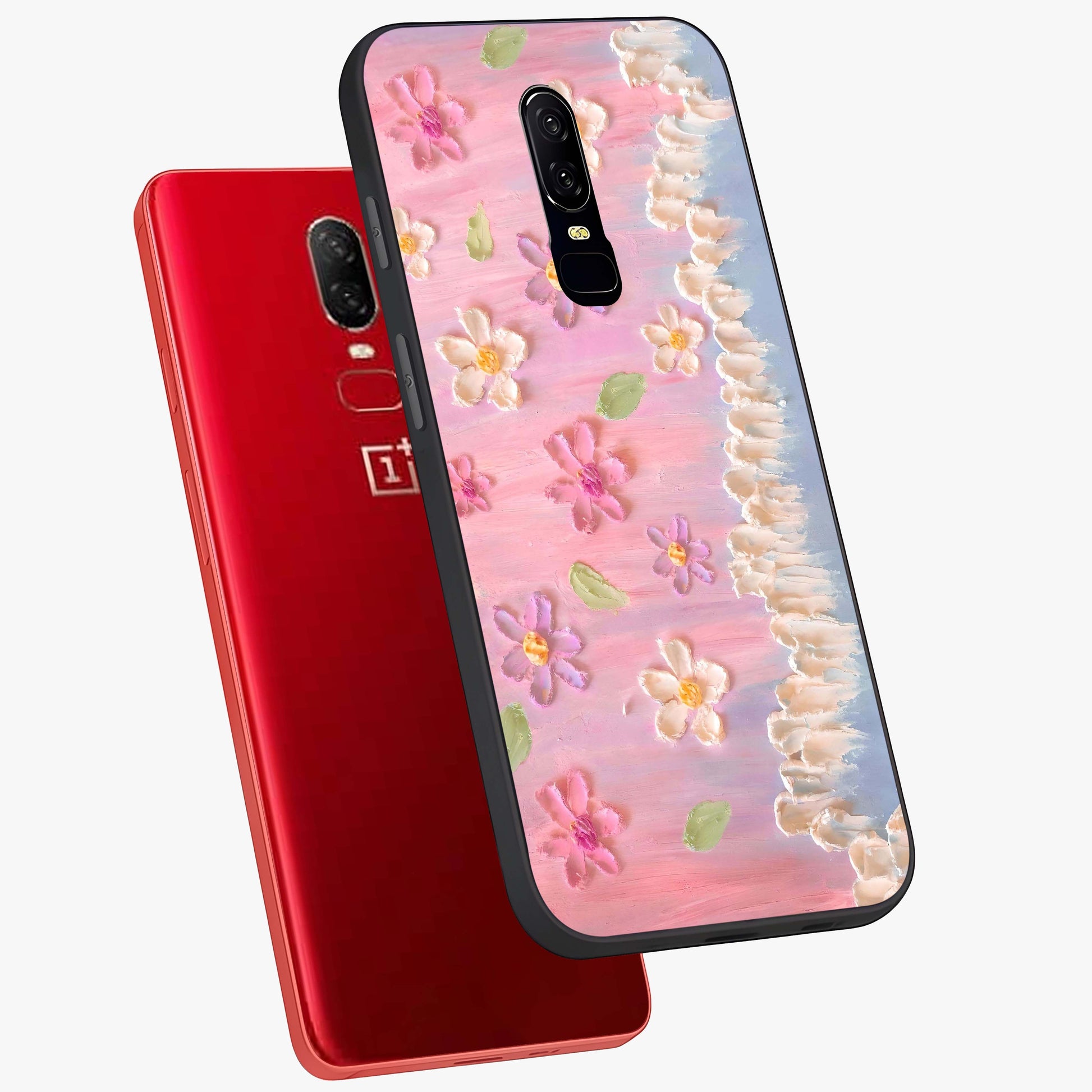 Dreamy Painted Garden Glass Case displayed in angled mockup highlighting colorful garden illustration with dreamy aesthetic style.