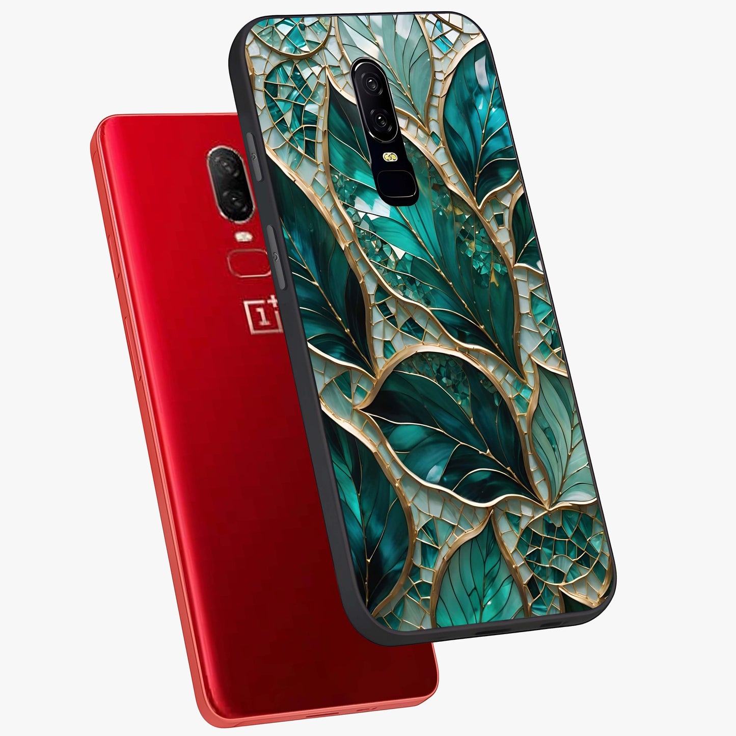 Emerald Leaf Glass Glass Case displayed in angled mockup highlighting botanical leaf illustration with elegant natural aesthetic.