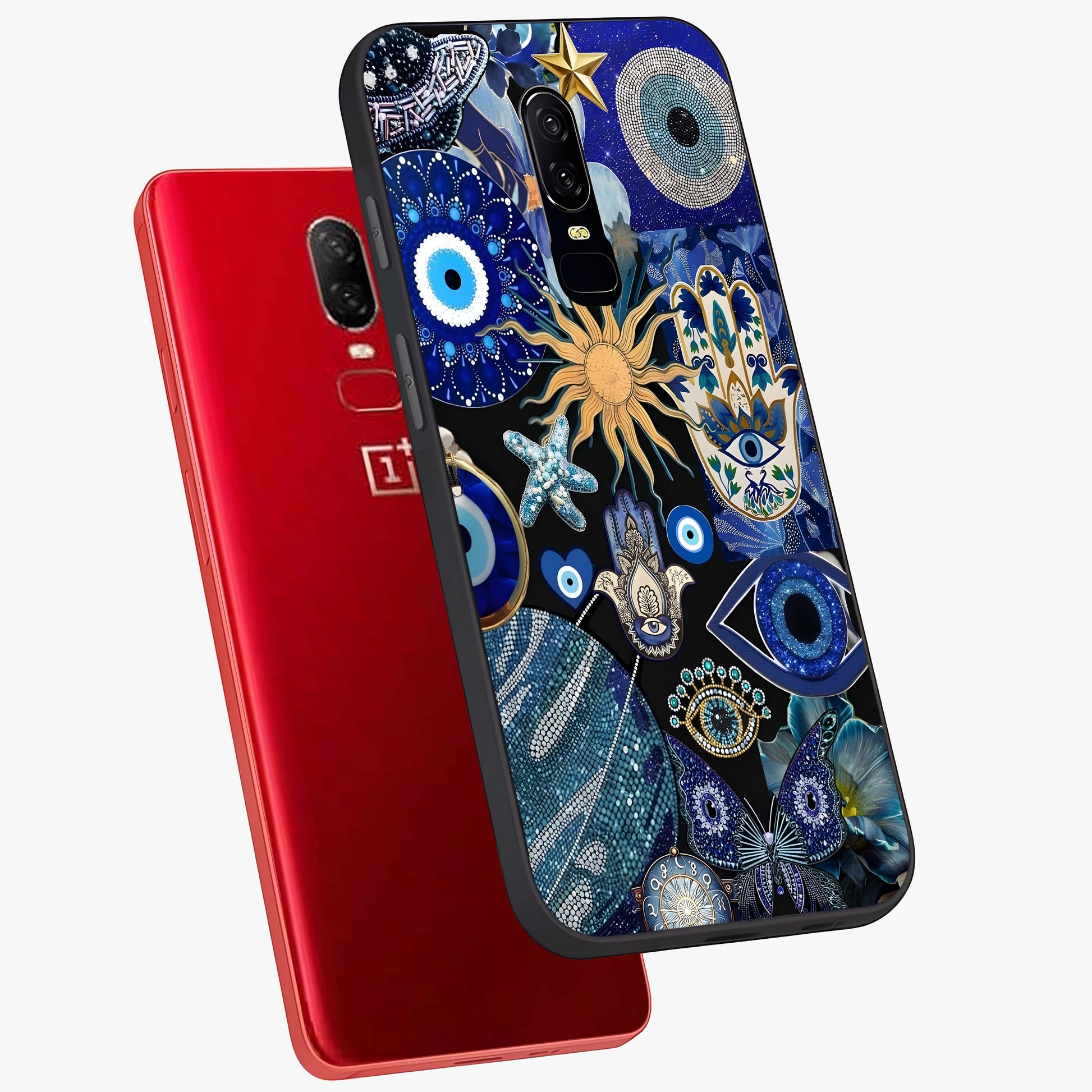 Evil Eye Charm Mix Glass Case displayed in angled mockup highlighting protective evil eye symbols with spiritual aesthetic design.