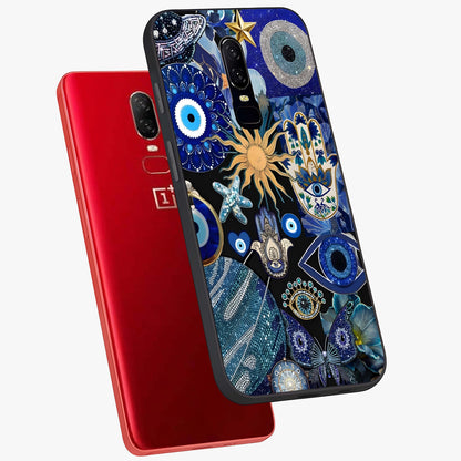 Evil Eye Charm Mix Glass Case displayed in angled mockup highlighting protective evil eye symbols with spiritual aesthetic design.