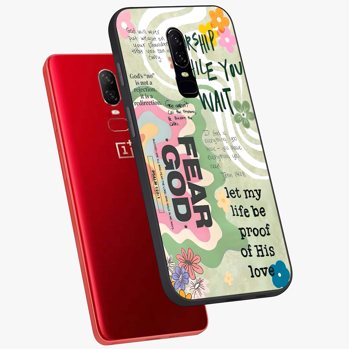Faith Over Fear Glass Case displayed in angled mockup highlighting inspirational message design with modern aesthetic style.