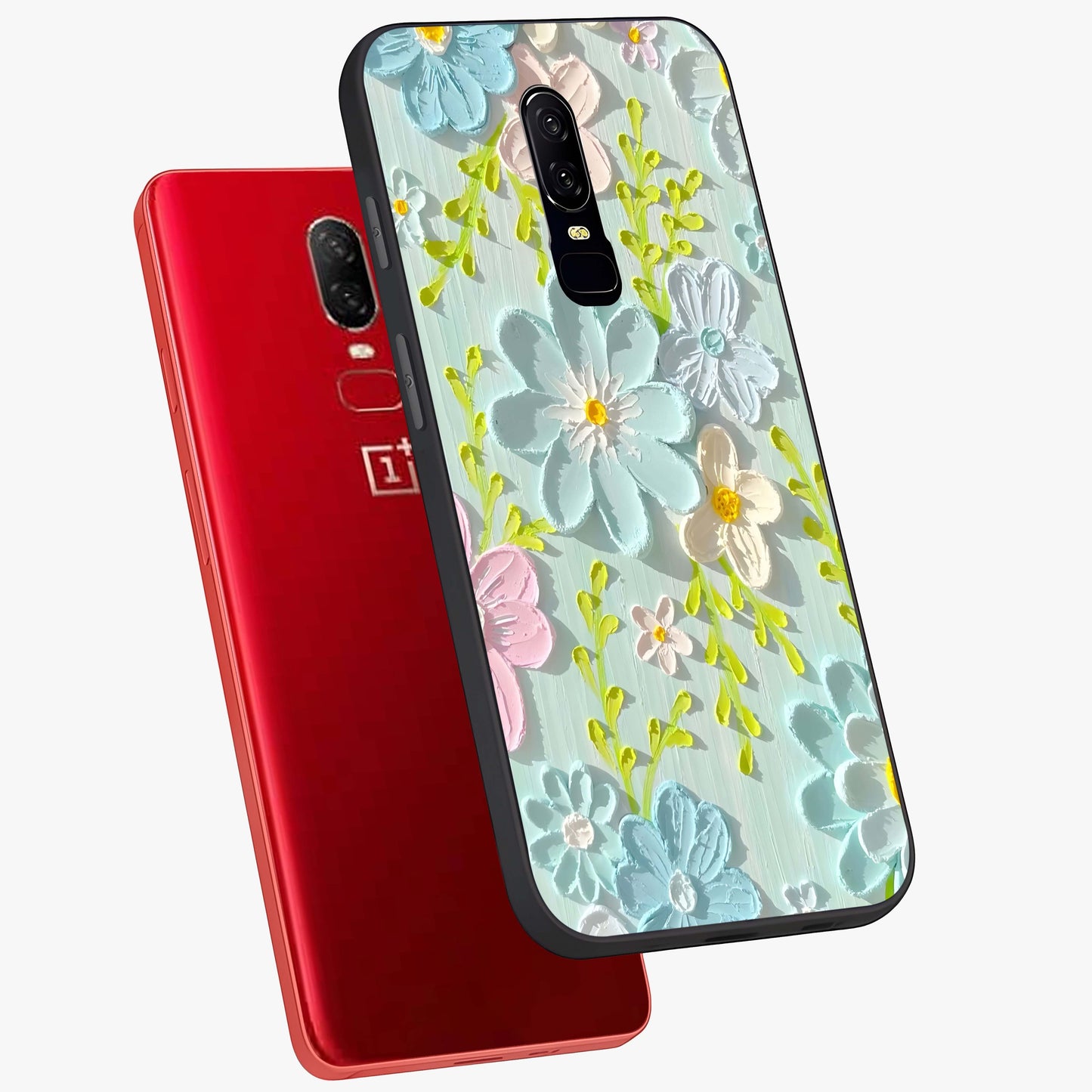 Frosted Petal Garden Glass Case displayed in angled mockup highlighting delicate flower petal design with calm garden aesthetic.