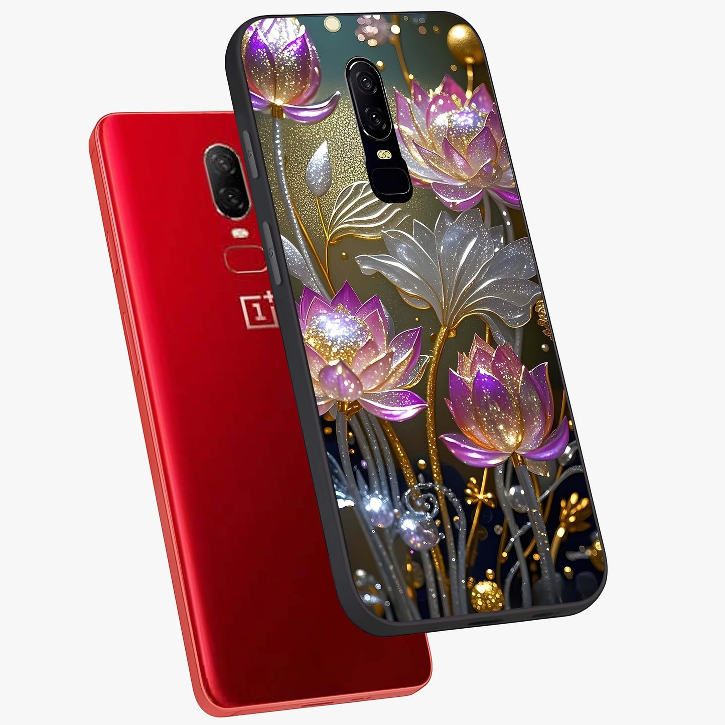 Golden Floral Majesty Glass Case displayed in angled mockup highlighting elegant flower design with royal golden aesthetic.