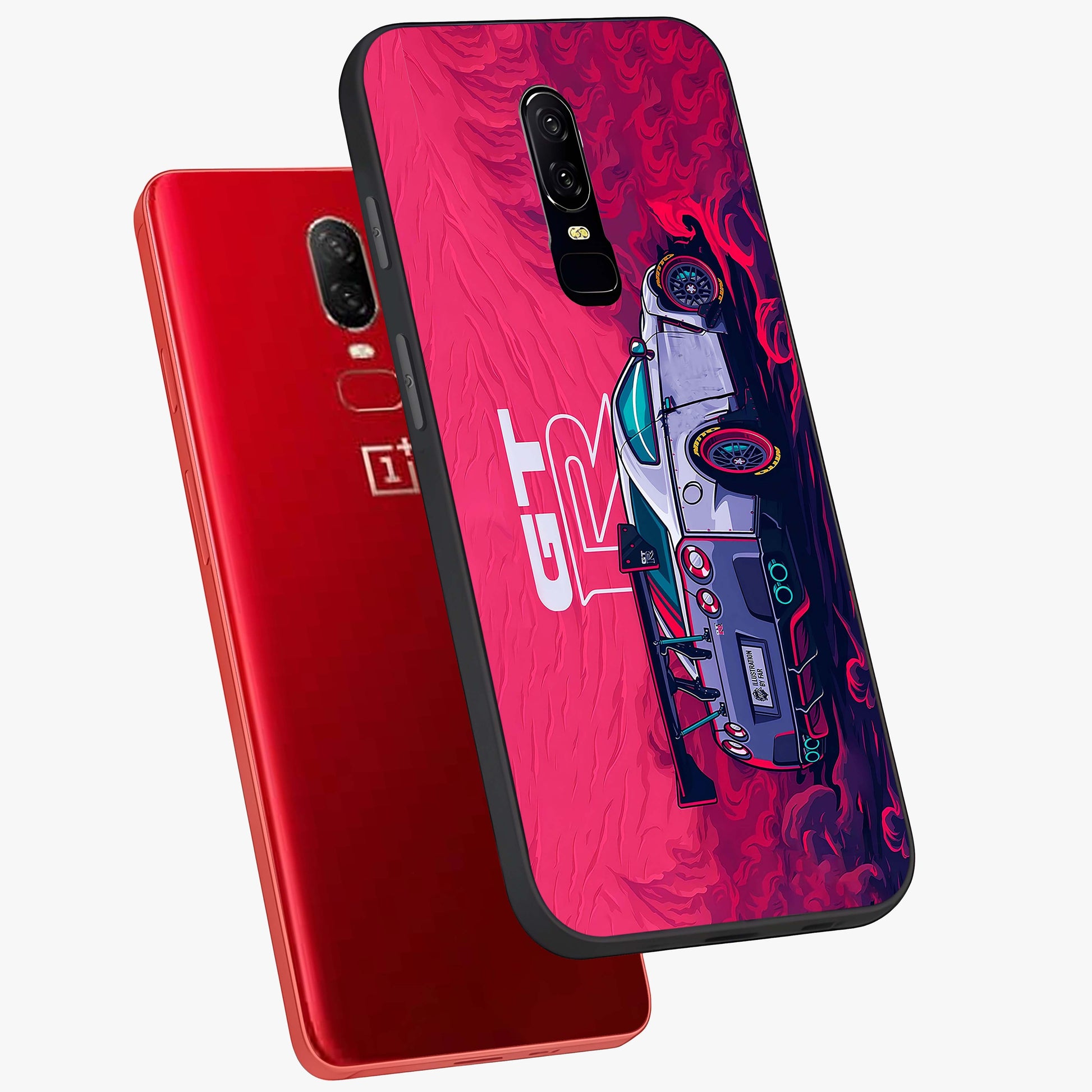 GT-R Car Pattern Glass Case displayed in angled mockup highlighting racing car graphic design with bold automotive aesthetic.