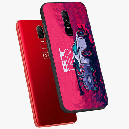 GT-R Car Pattern Glass Case displayed in angled mockup highlighting racing car graphic design with bold automotive aesthetic.