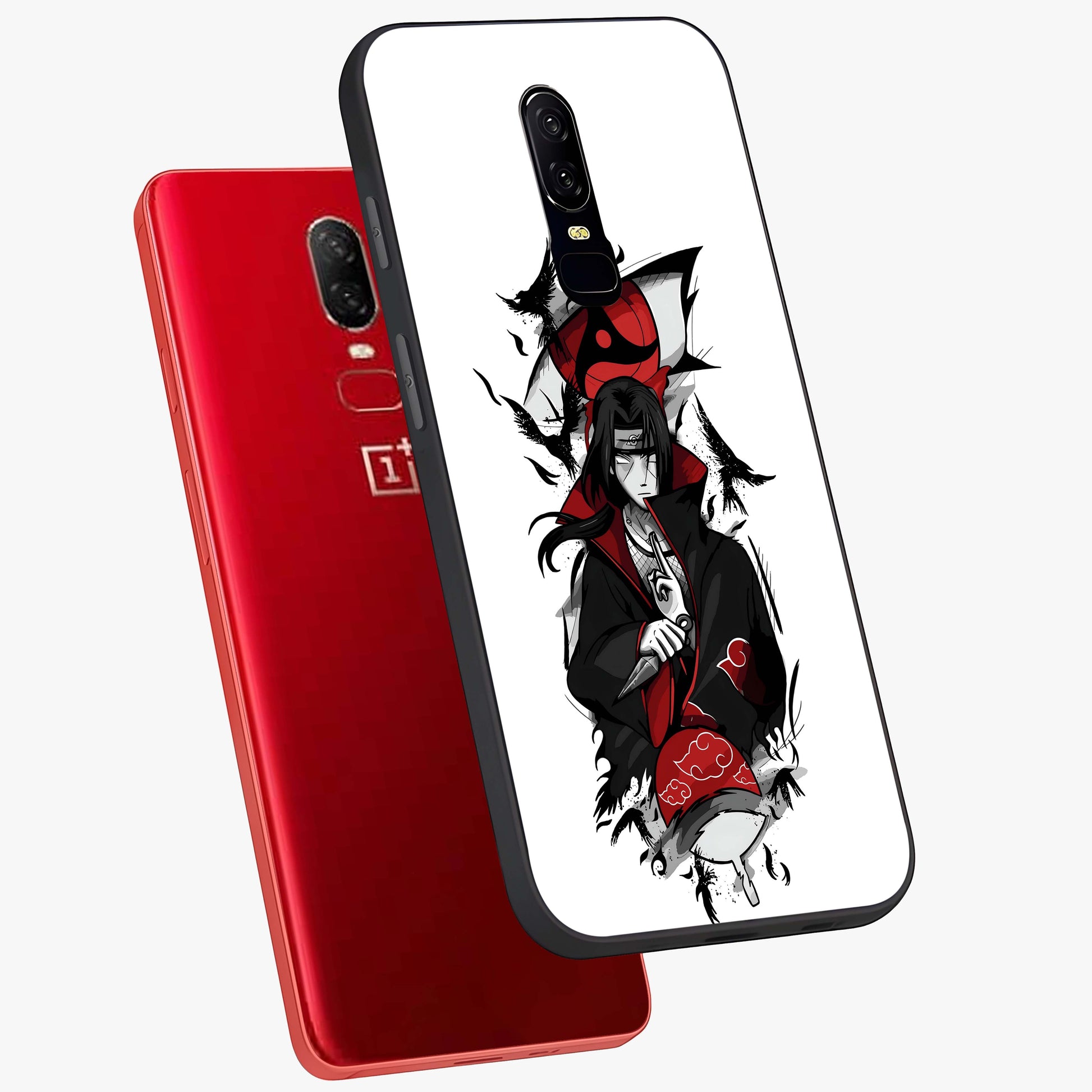 Itachi Limited Edition Naruto Anime Glass Case displayed in angled mockup highlighting dramatic anime illustration with bold action aesthetic.