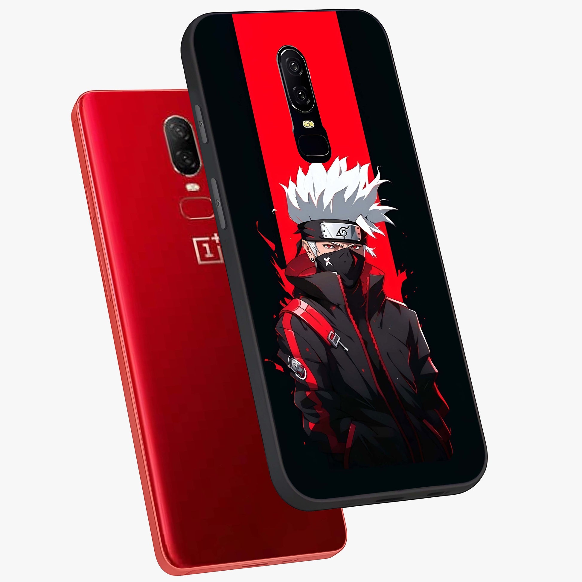 Kakashi Scarlet Shadow Glass Case displayed in angled mockup highlighting dramatic ninja illustration with scarlet themed aesthetic.