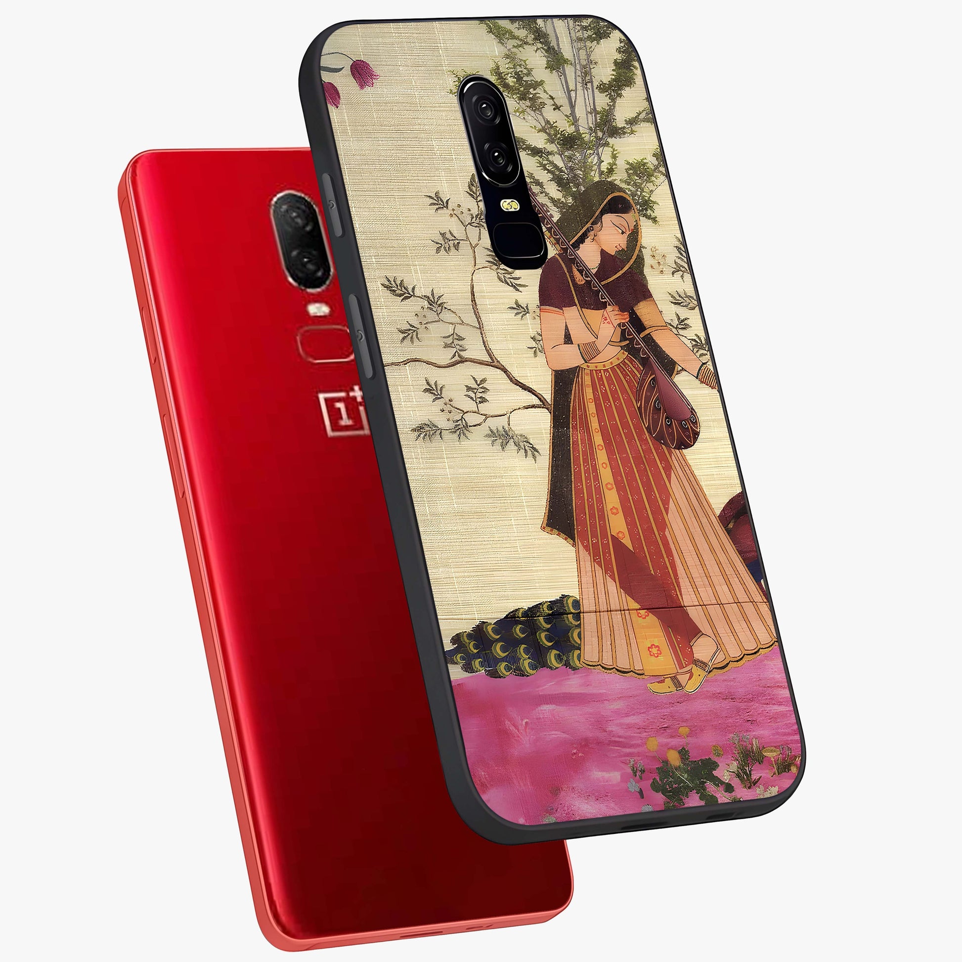 Lady With Veena Art Glass Case displayed in angled mockup highlighting graceful musical illustration with cultural artistic aesthetic.