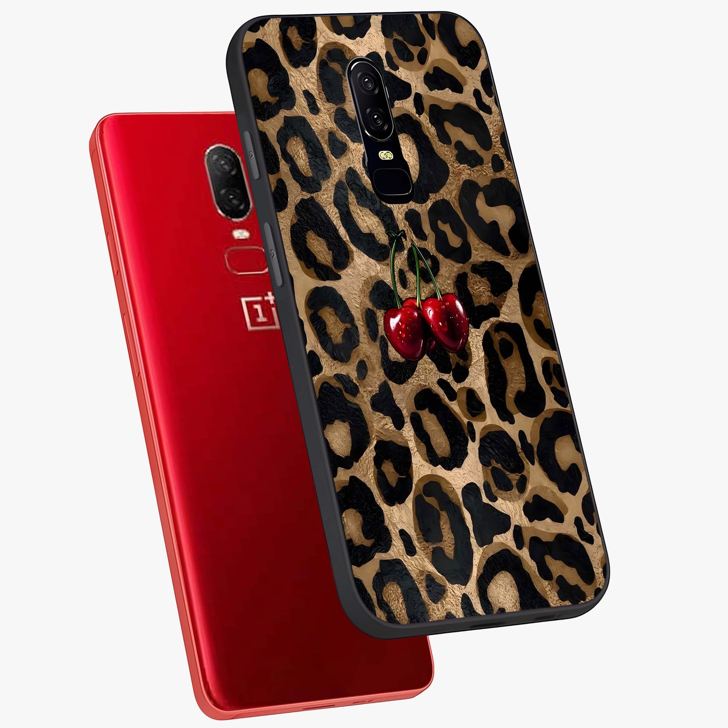 Leopard Wild Cherry Glass Case displayed in angled mockup highlighting bold animal print design with playful cherry aesthetic.