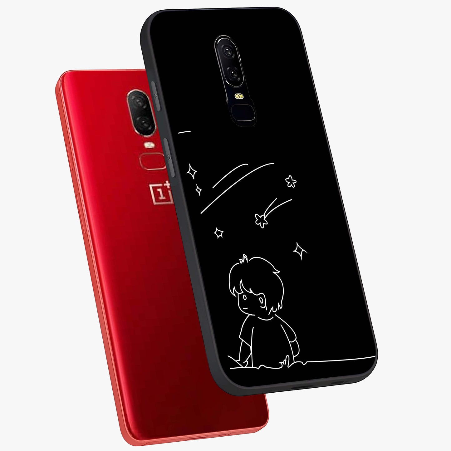 Line Art Boy With Shooting Stars Glass Case displayed in angled mockup highlighting elegant line art design with dreamy star aesthetic.