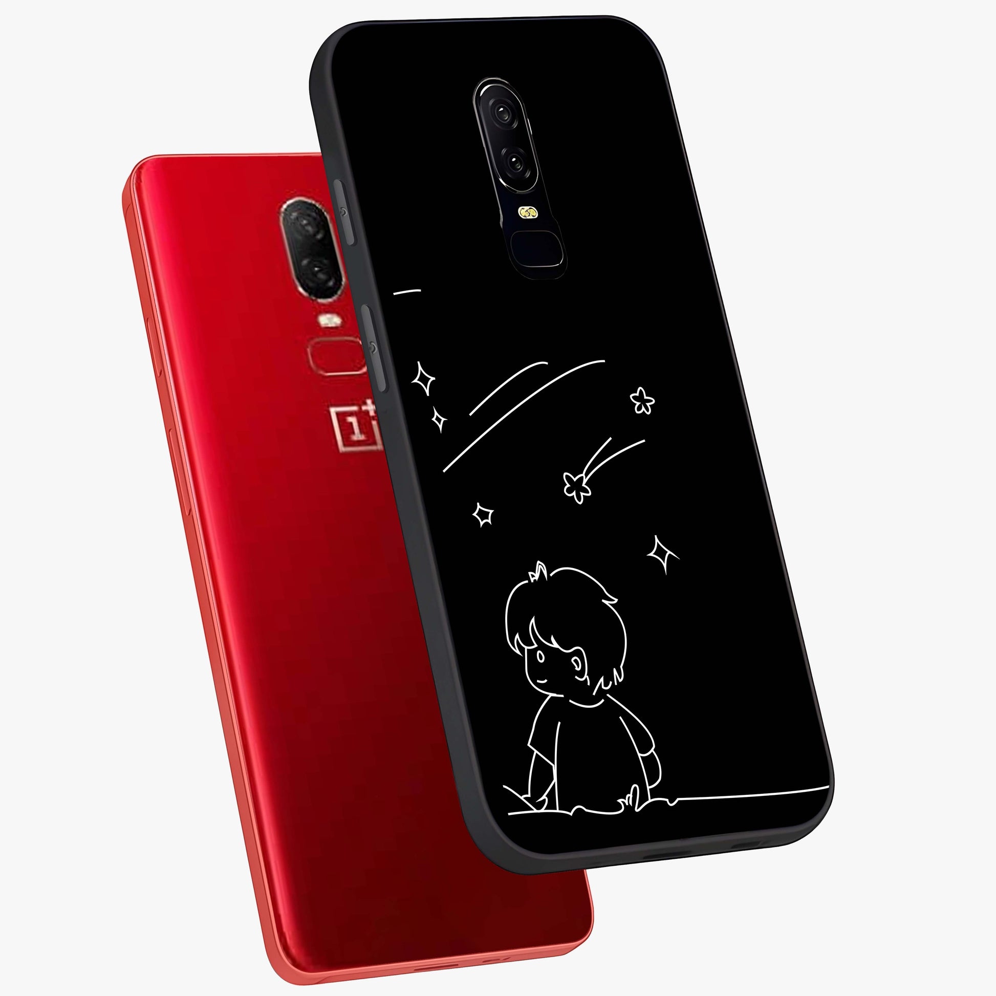 Line Art Boy With Shooting Stars Glass Case displayed in angled mockup highlighting elegant line art design with dreamy star aesthetic.