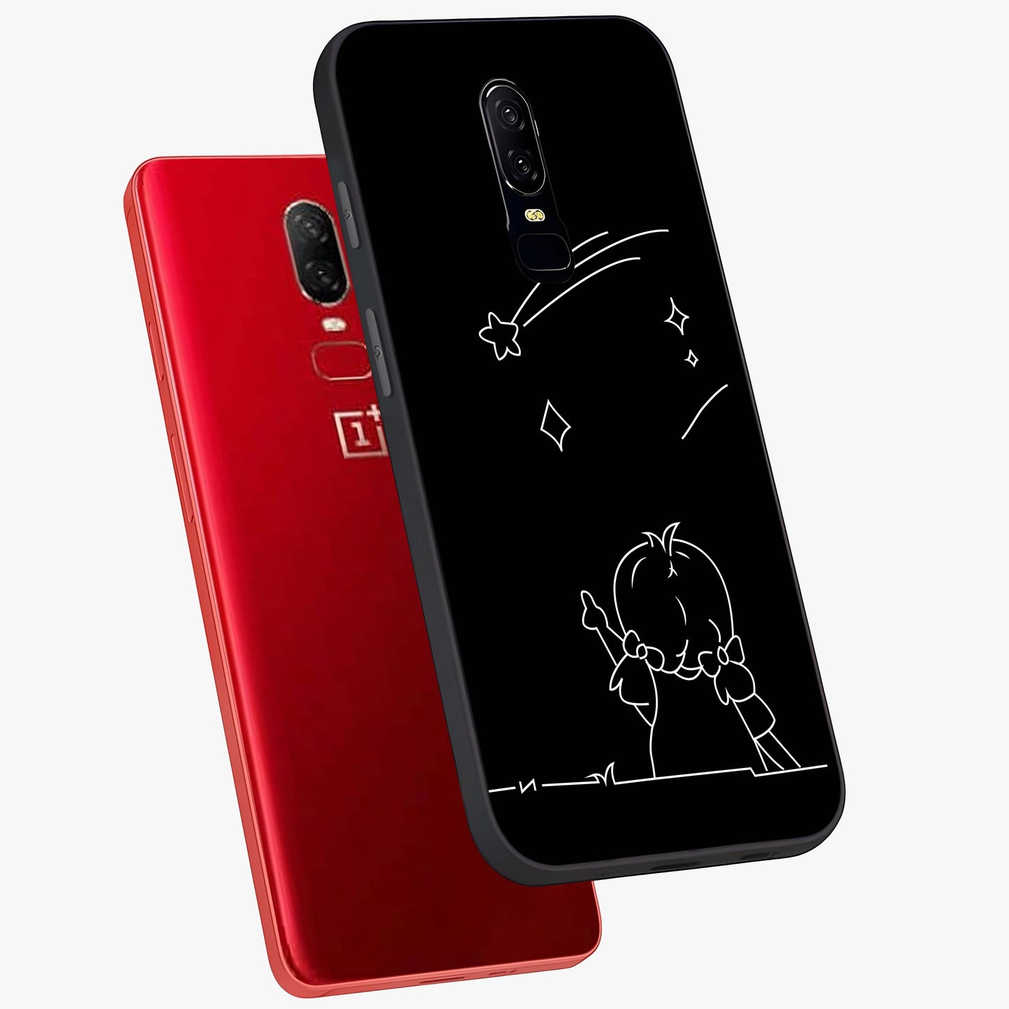 Line Art Girl With Shooting Stars Glass Case displayed in angled mockup highlighting elegant line art design with dreamy star aesthetic.