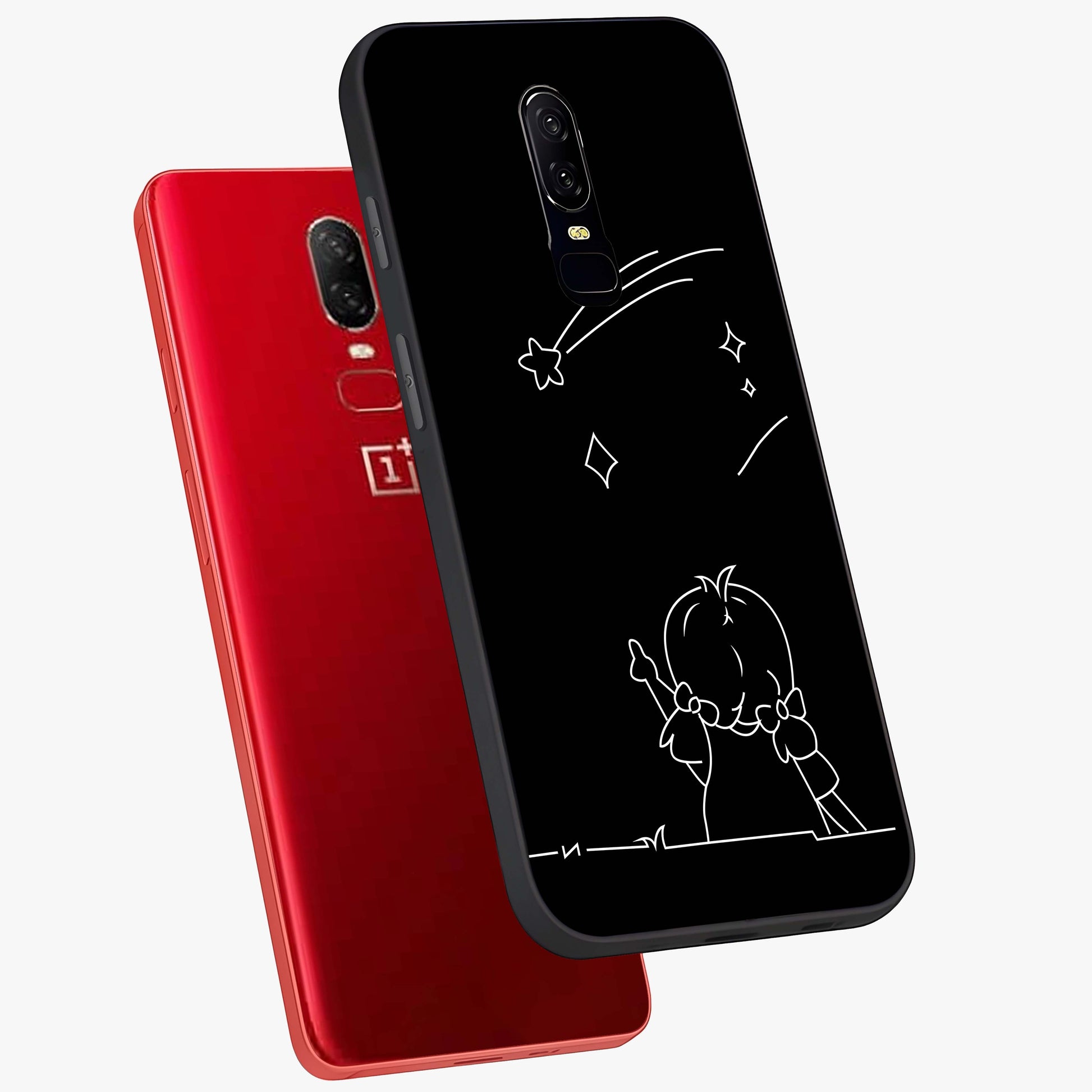 Line Art Girl With Shooting Stars Glass Case displayed in angled mockup highlighting elegant line art design with dreamy star aesthetic.