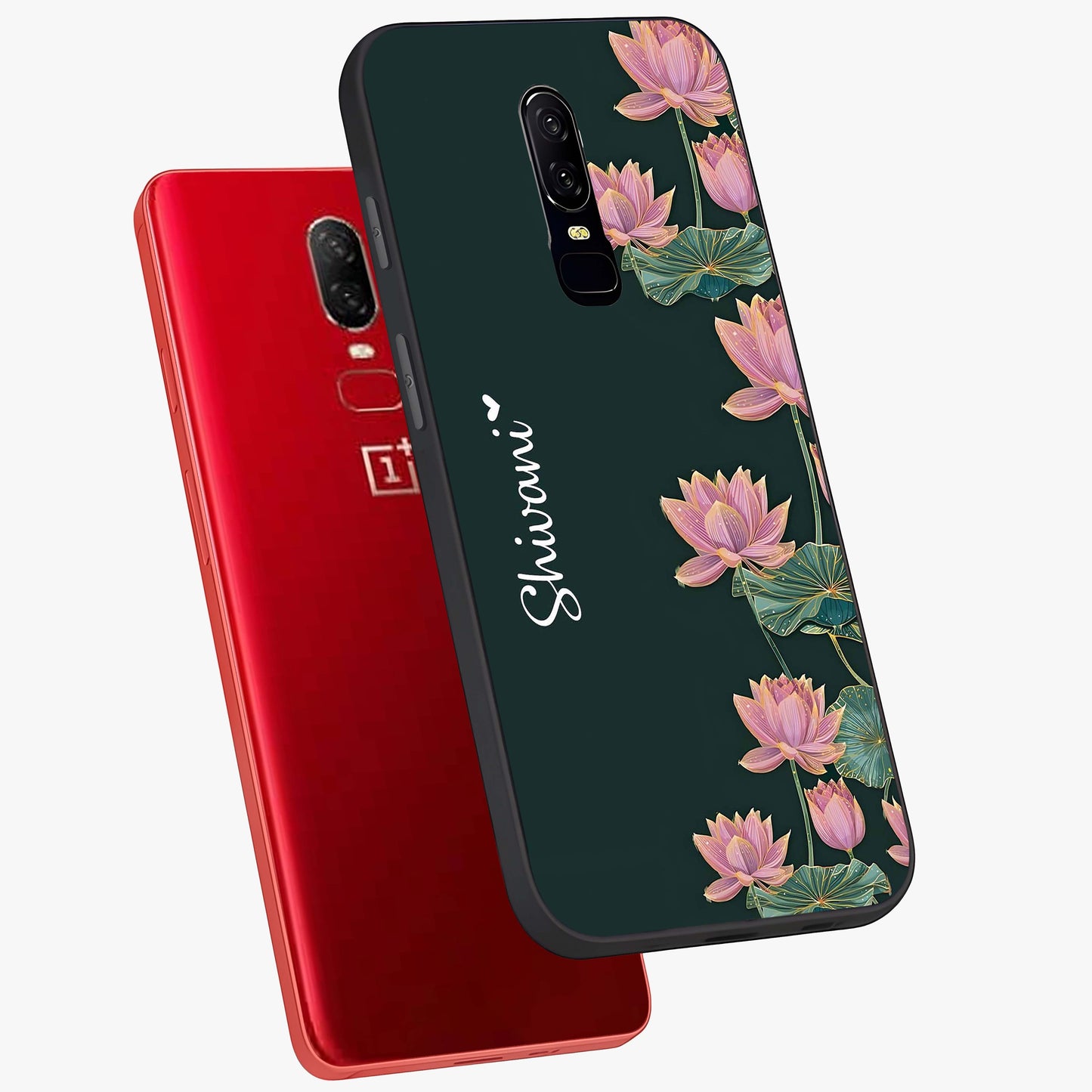 Lotus Bloom Serenity Custom Name Glass Case displayed in angled mockup highlighting graceful lotus illustration with custom name feature.