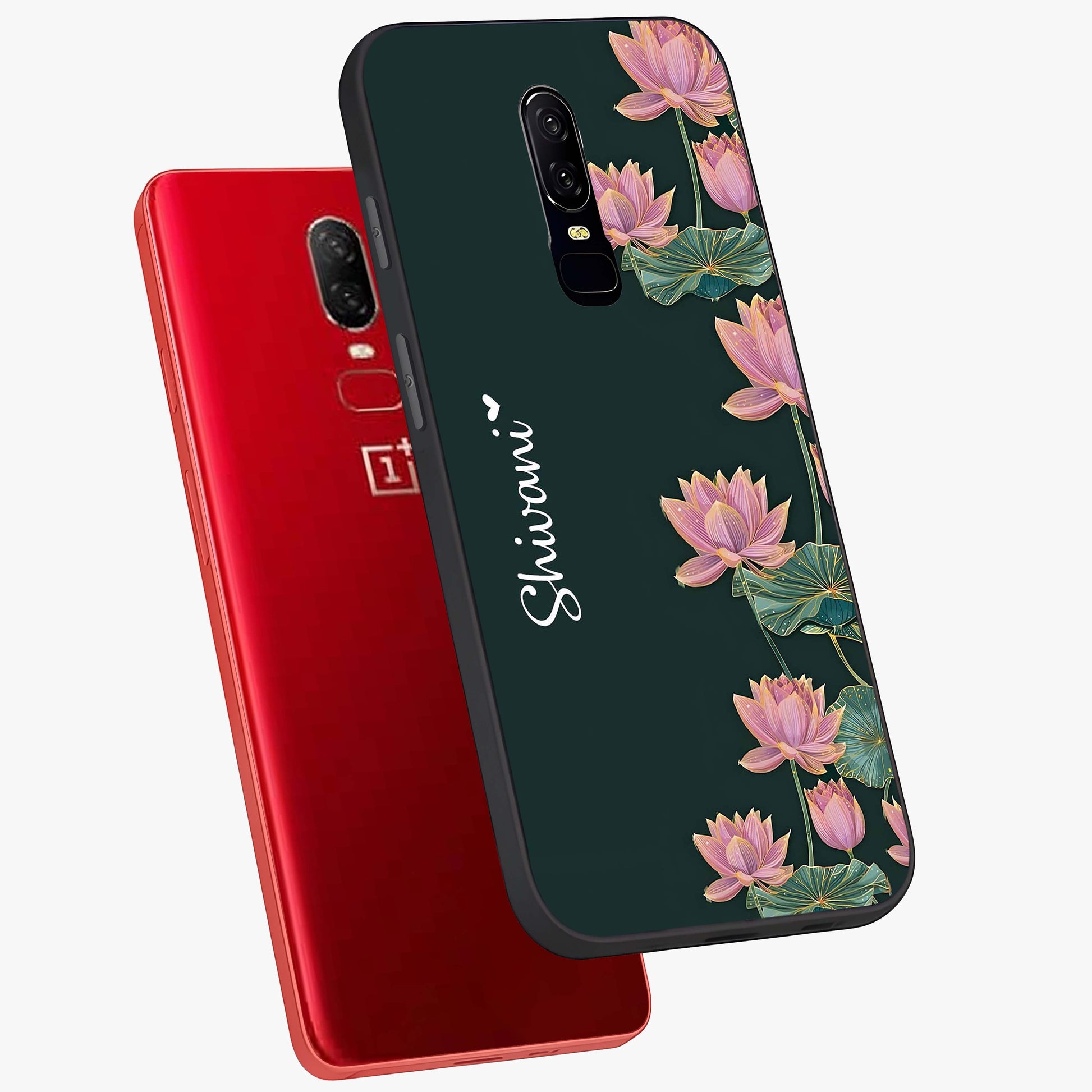 Lotus Bloom Serenity Custom Name Glass Case displayed in angled mockup highlighting graceful lotus illustration with custom name feature.