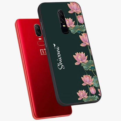 Lotus Bloom Serenity Custom Name Glass Case displayed in angled mockup highlighting graceful lotus illustration with custom name feature.