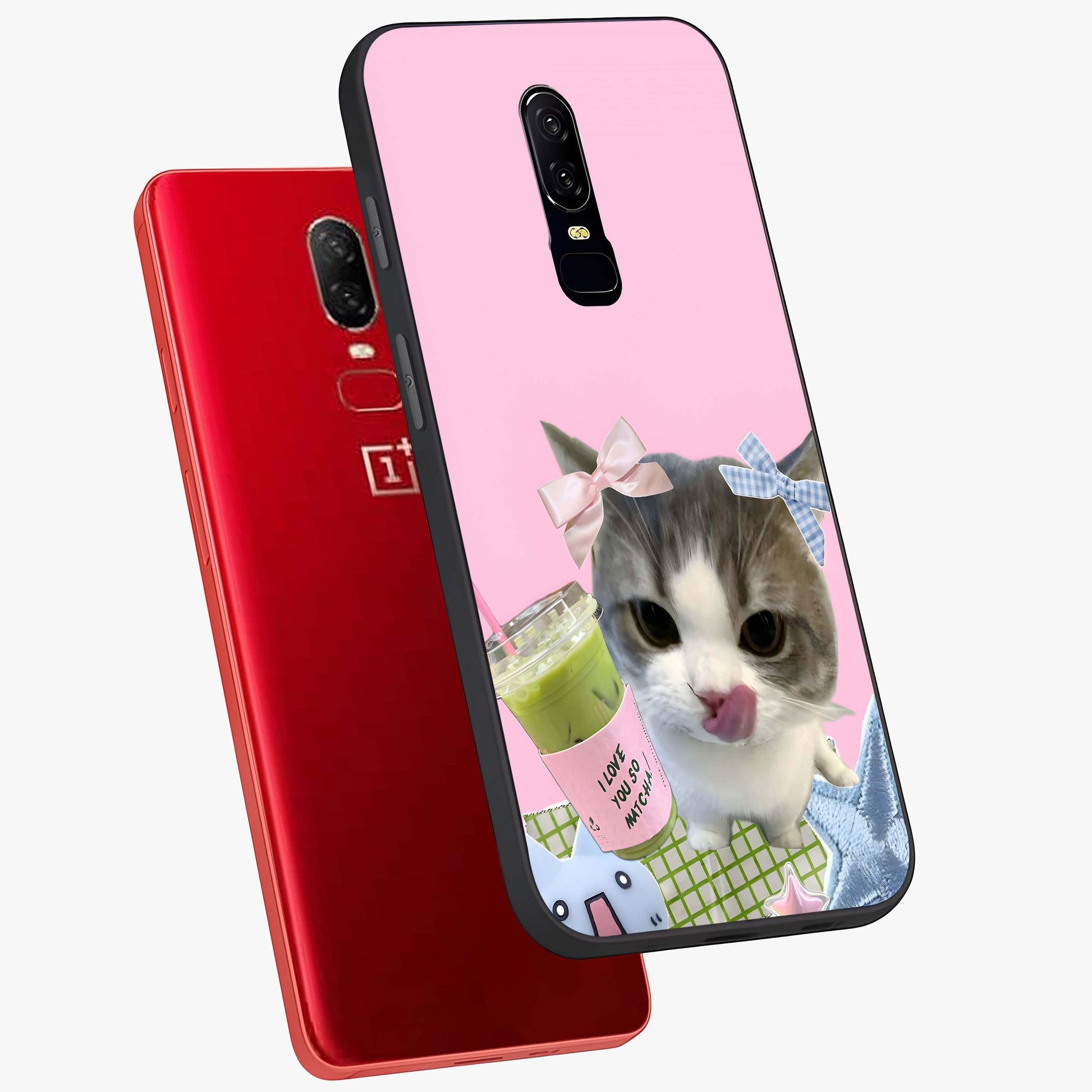 Love Matcha Cat Glass Case displayed in angled mockup highlighting playful feline illustration with cozy matcha aesthetic.