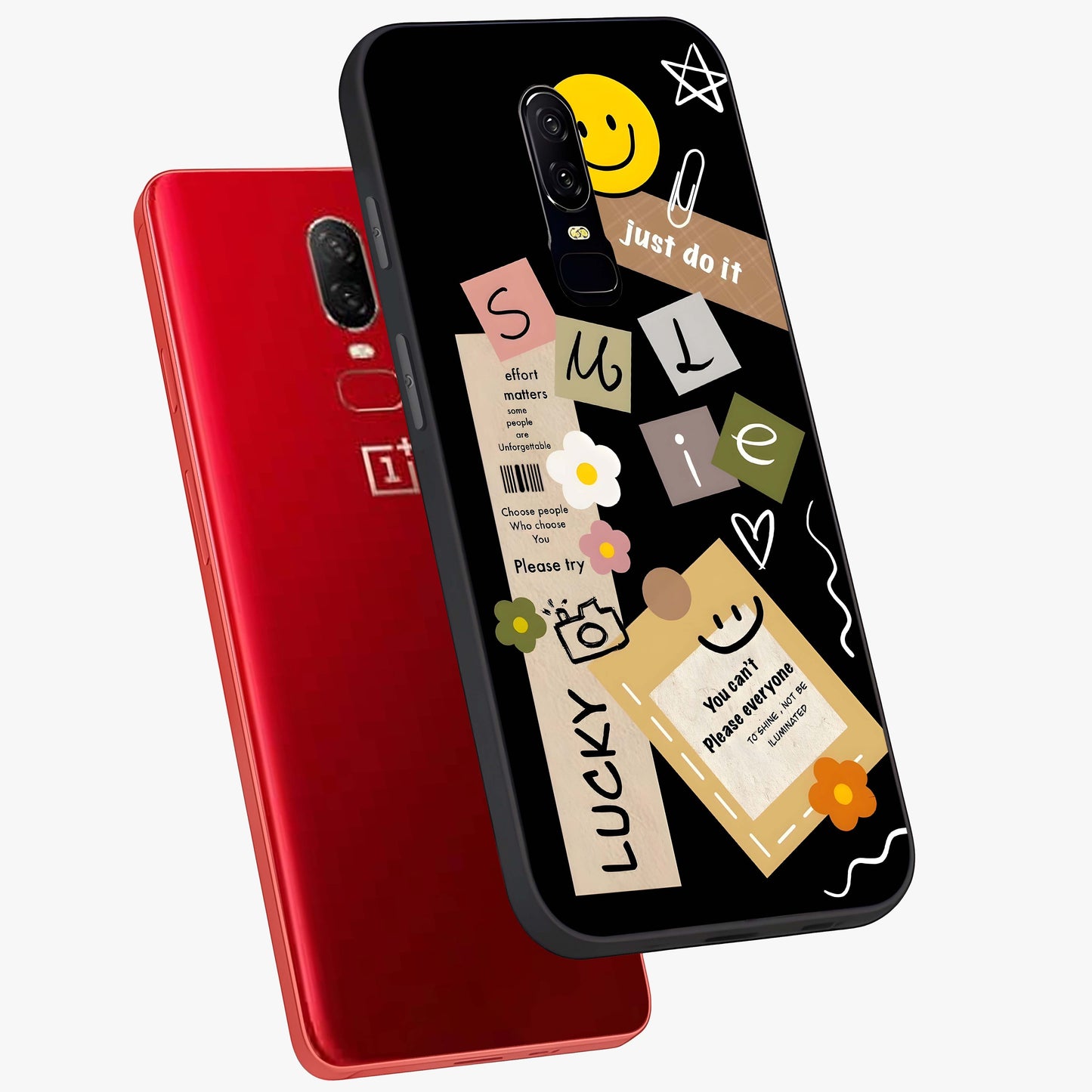Lucky Aesthetic Collage Glass Case displayed in angled mockup highlighting stylish collage pattern with modern aesthetic vibe.