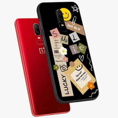 Lucky Aesthetic Collage Glass Case displayed in angled mockup highlighting stylish collage pattern with modern aesthetic vibe.