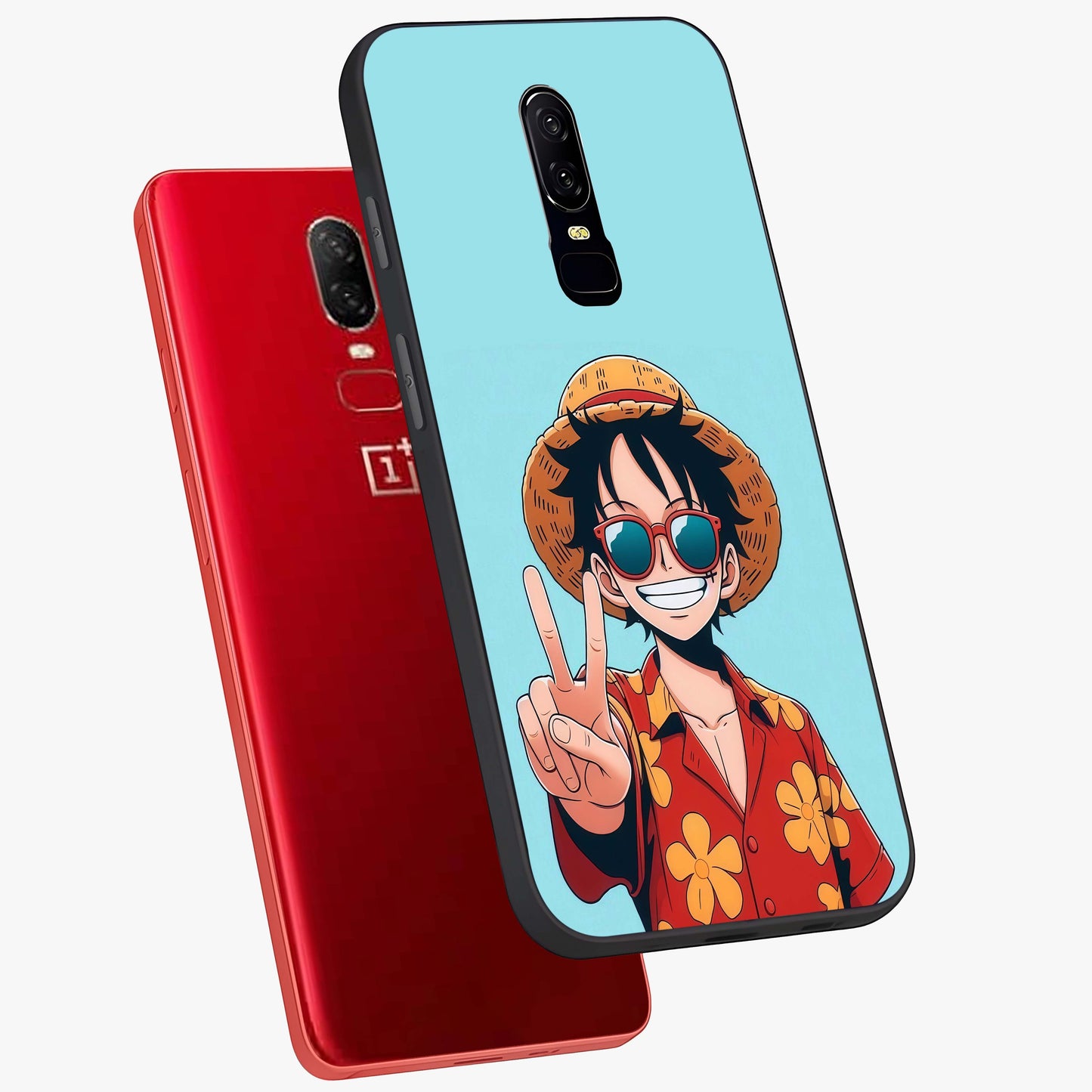 Luffy Summer Anime Vibe Glass Case displayed in angled mockup highlighting energetic anime illustration with summer vibe aesthetic.