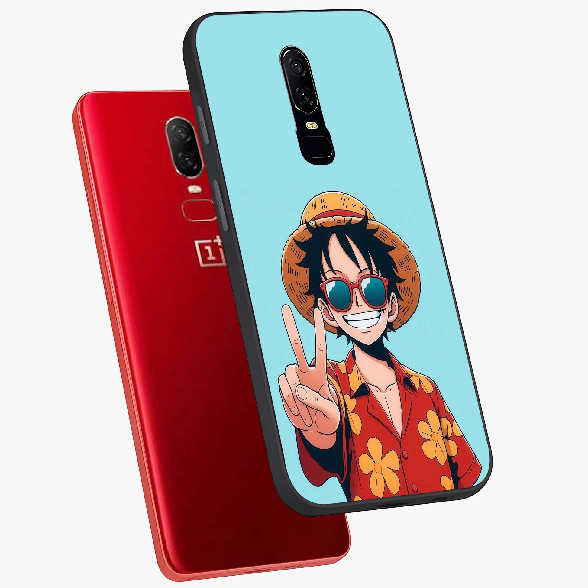 Luffy Summer Anime Vibe Glass Case displayed in angled mockup highlighting energetic anime illustration with summer vibe aesthetic.