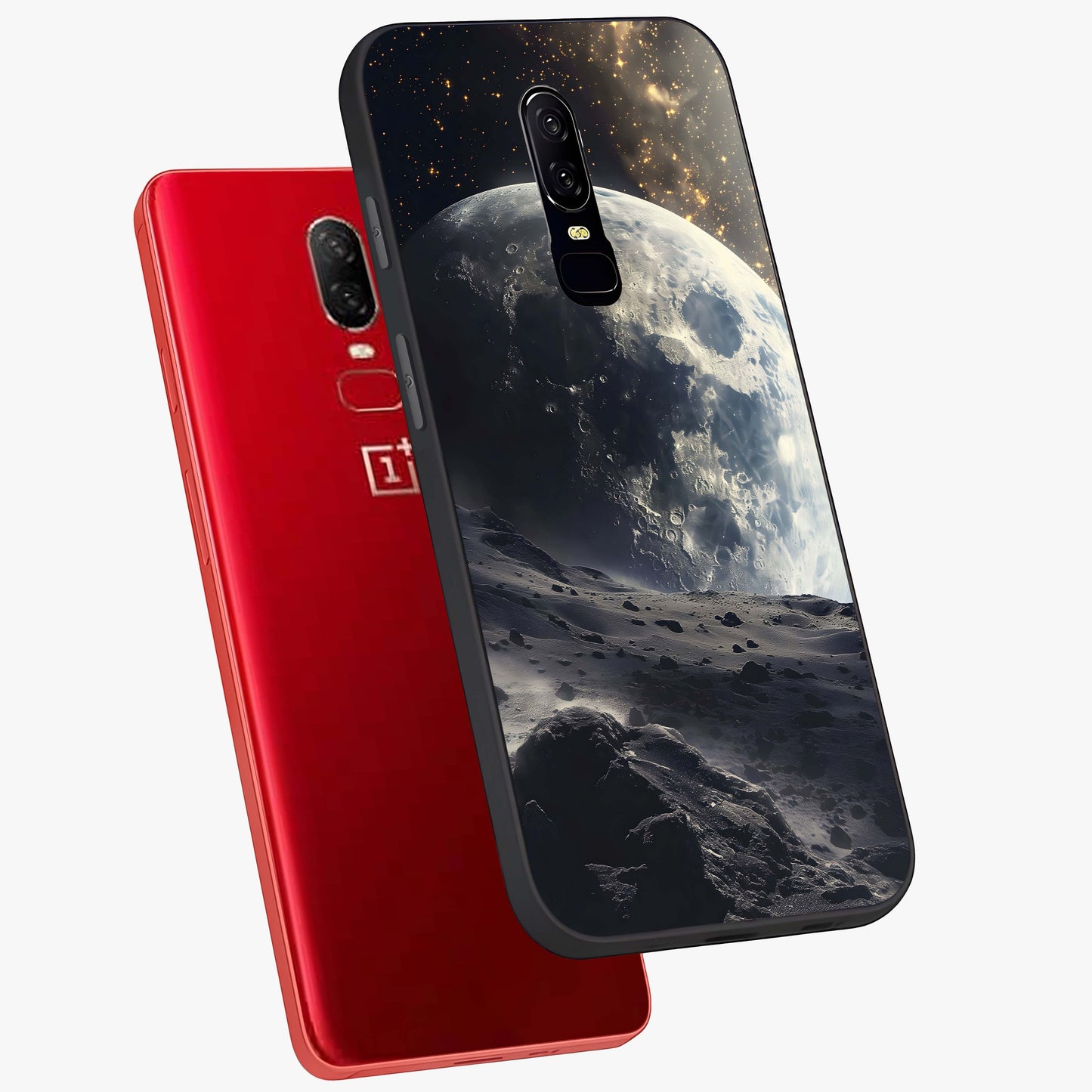 Lunar Horizon Glow Glass Case displayed in angled mockup highlighting celestial moon design with dreamy night aesthetic.