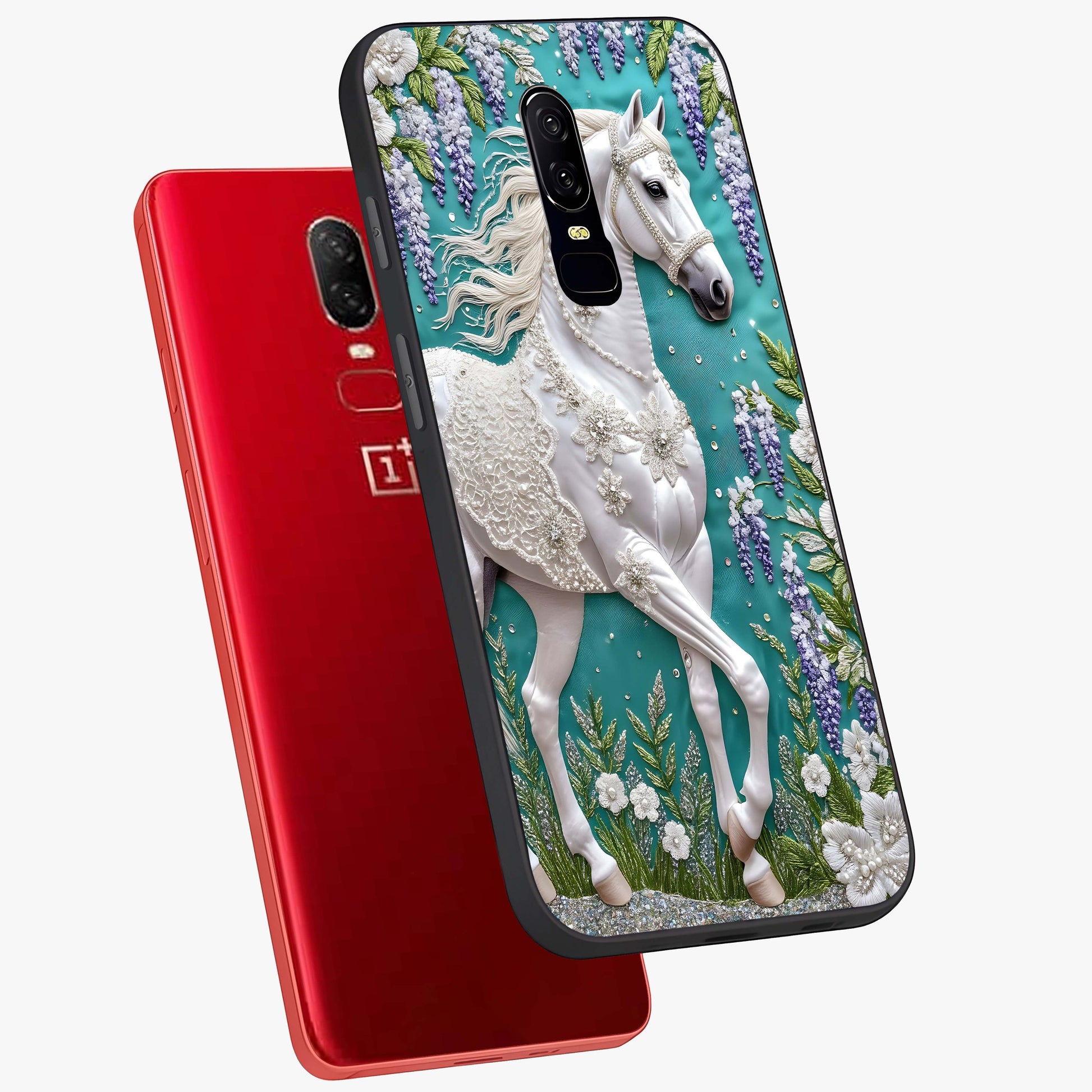 Majestic Floral Stallion Glass Case displayed in angled mockup highlighting majestic stallion illustration with elegant floral aesthetic.