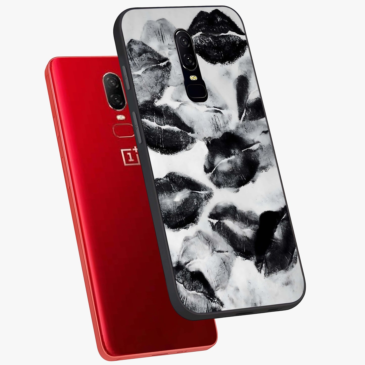 Midnight Kiss Marks Glass Case displayed in angled mockup highlighting playful romantic design with bold midnight aesthetic.
