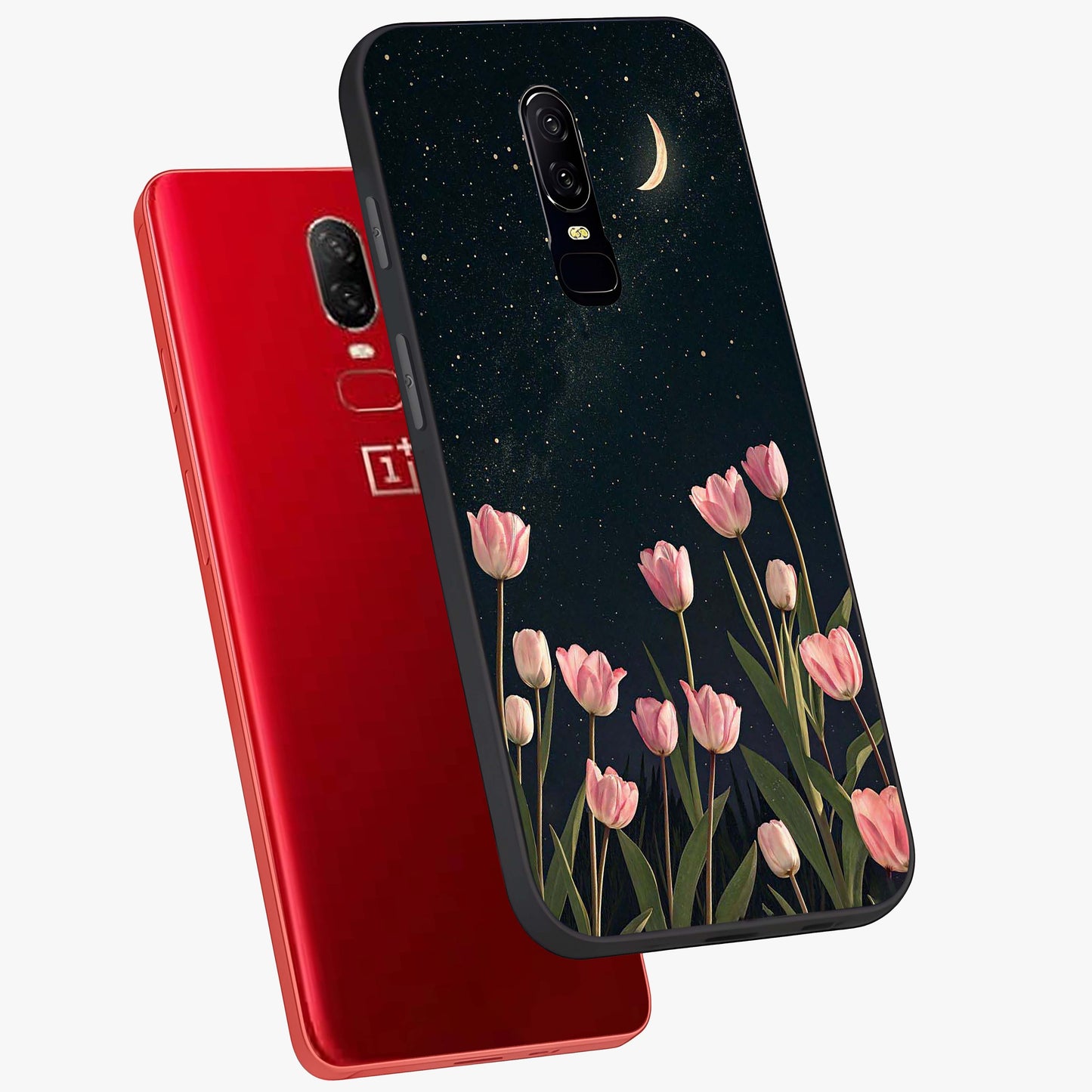 Midnight Tulip Whispers Vibe Glass Case displayed in angled mockup highlighting delicate tulip design with midnight floral aesthetic.