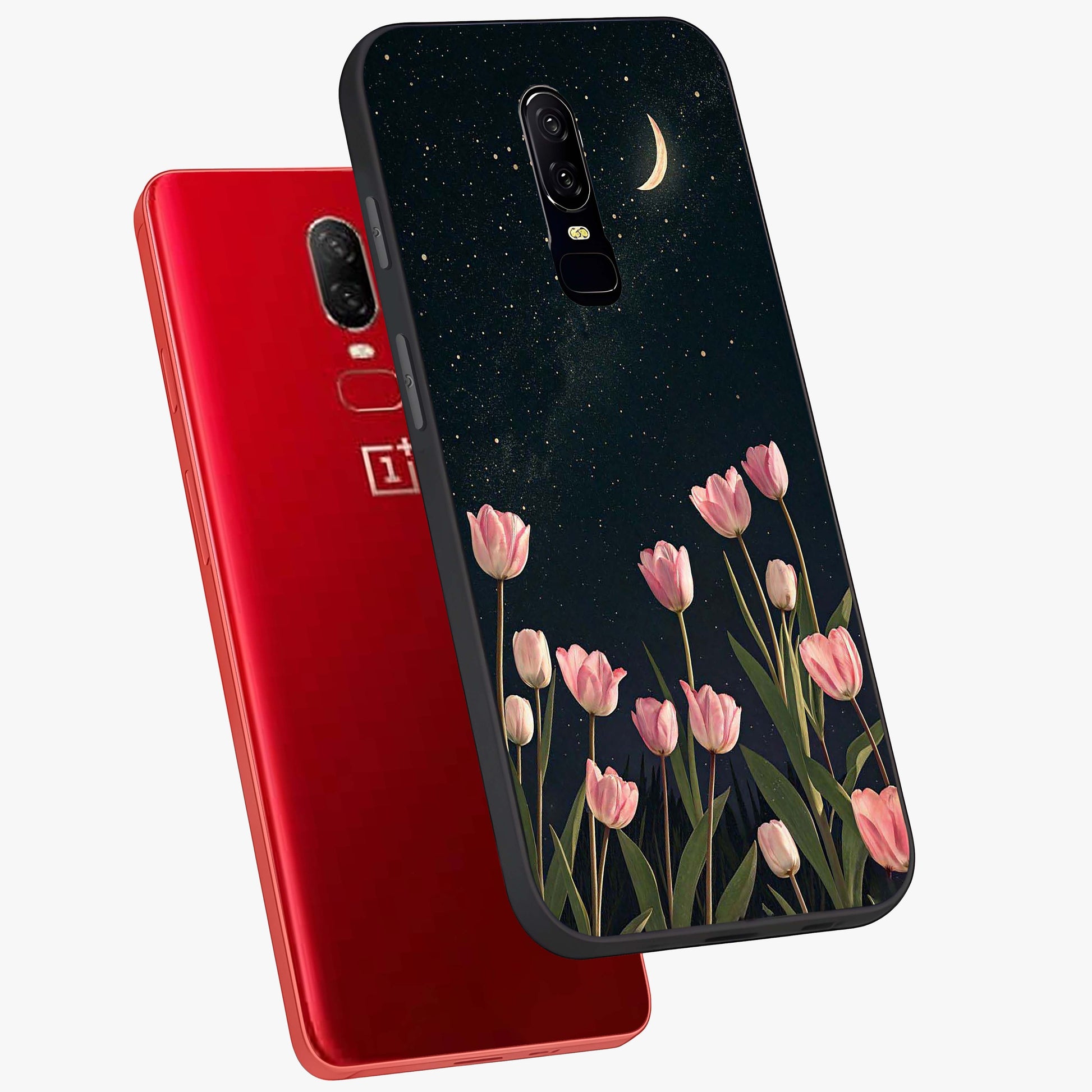 Midnight Tulip Whispers Vibe Glass Case displayed in angled mockup highlighting delicate tulip design with midnight floral aesthetic.