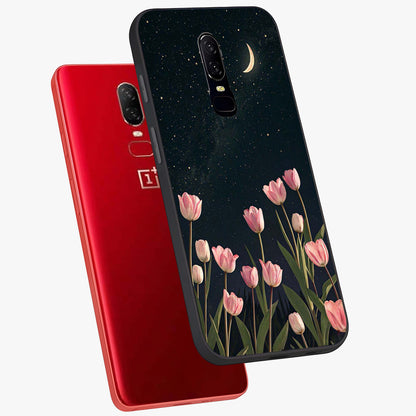 Midnight Tulip Whispers Vibe Glass Case displayed in angled mockup highlighting delicate tulip design with midnight floral aesthetic.