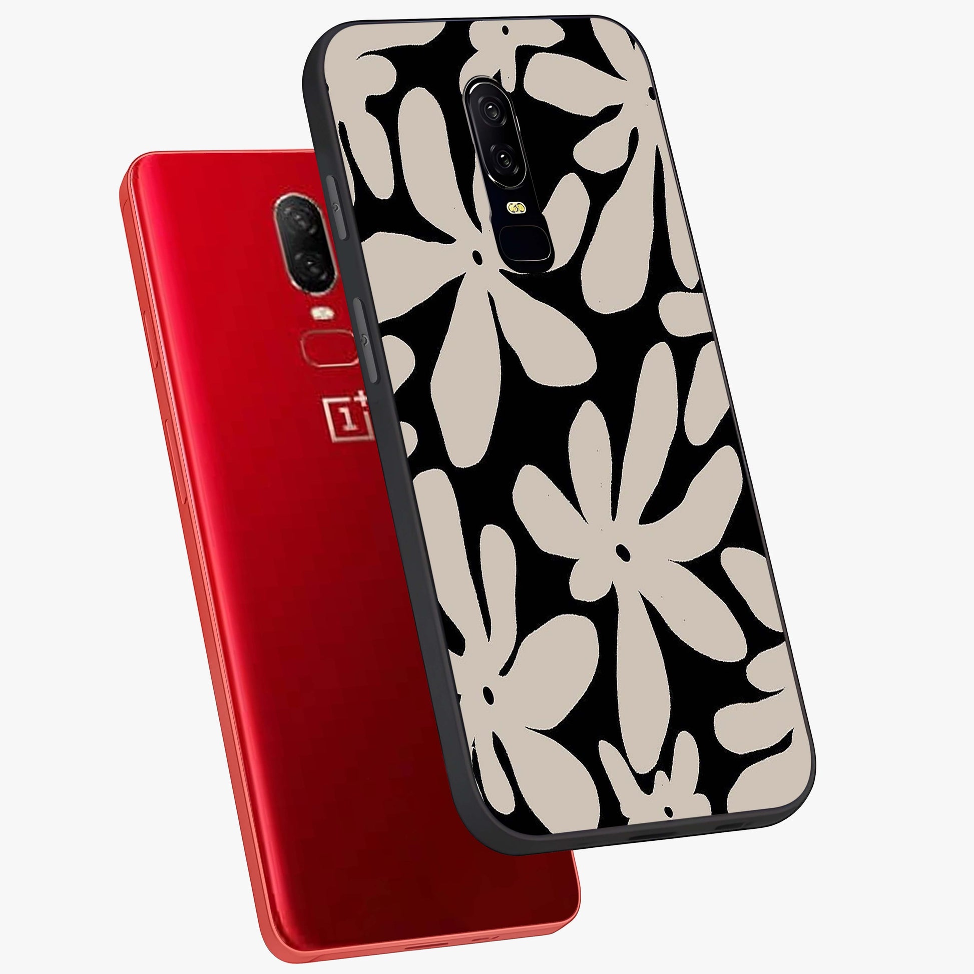 Monochrome Petal Dance Glass Case displayed in angled mockup highlighting elegant petal design with black and white aesthetic.