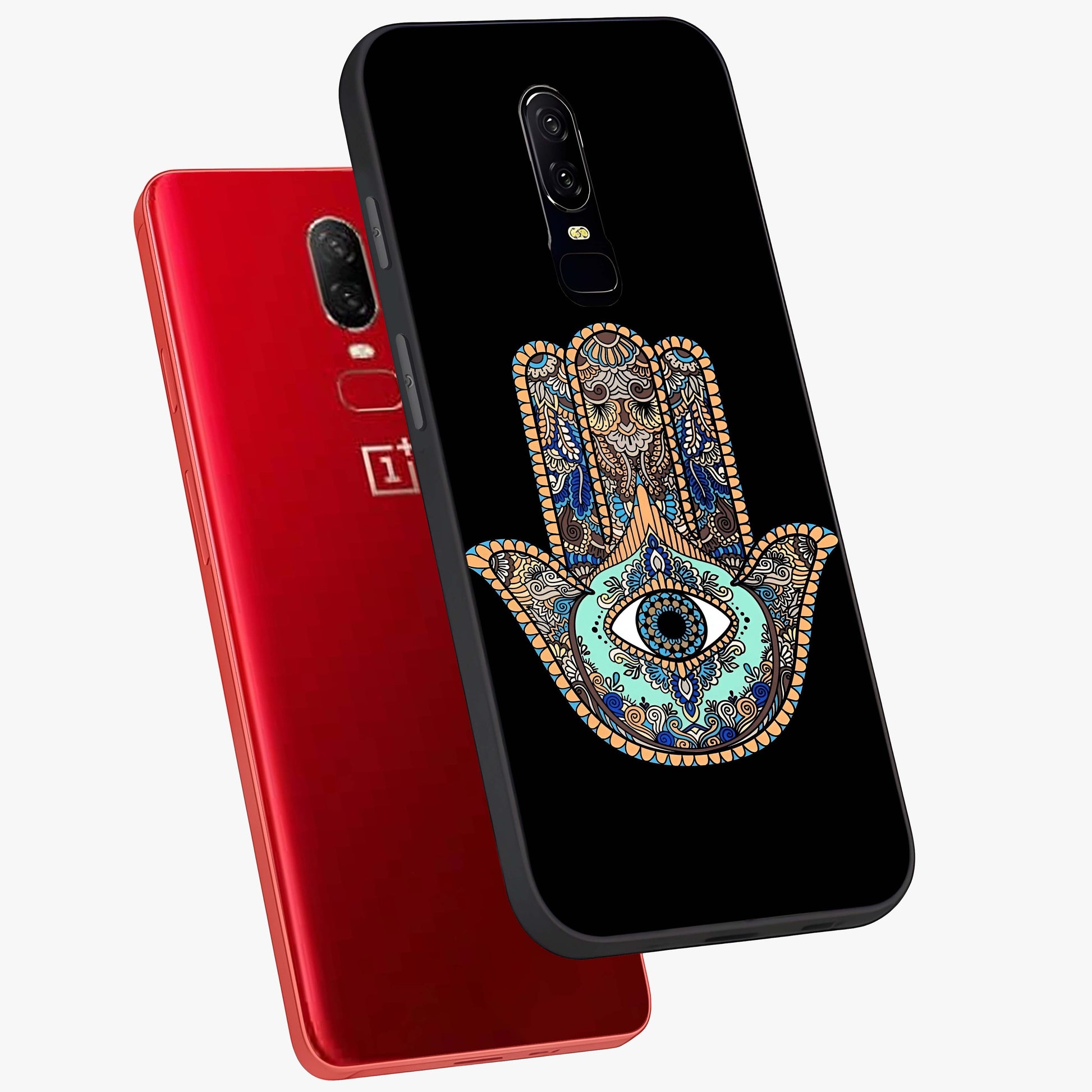 Mystic Hamsa Eye Glass Case displayed in angled mockup highlighting spiritual hamsa symbol with mystical aesthetic style.