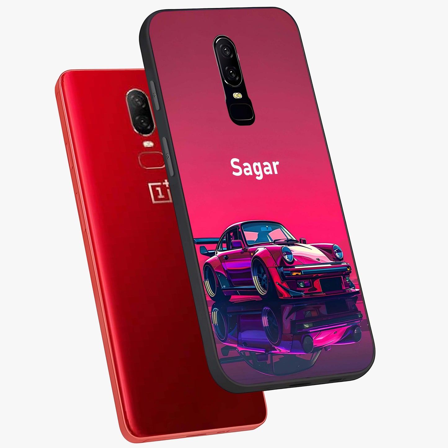 Neon Pink Porsche Glass Case displayed in angled mockup highlighting sleek neon pink car design with racing aesthetic.