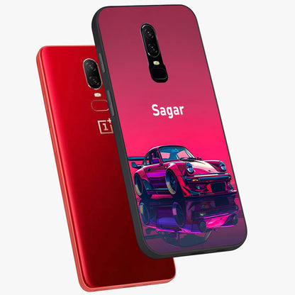 Neon Pink Porsche Glass Case displayed in angled mockup highlighting sleek neon pink car design with racing aesthetic.