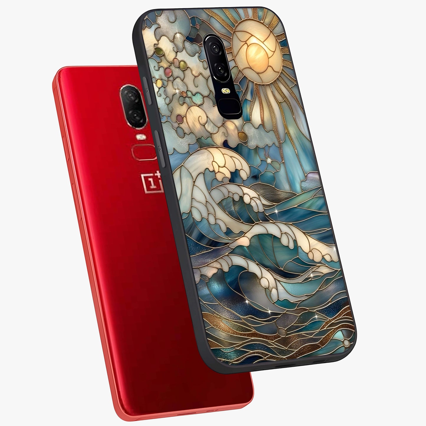 Oceanic Stained Printed Glass Case displayed in angled mockup highlighting colorful aquatic design with artistic aesthetic style.