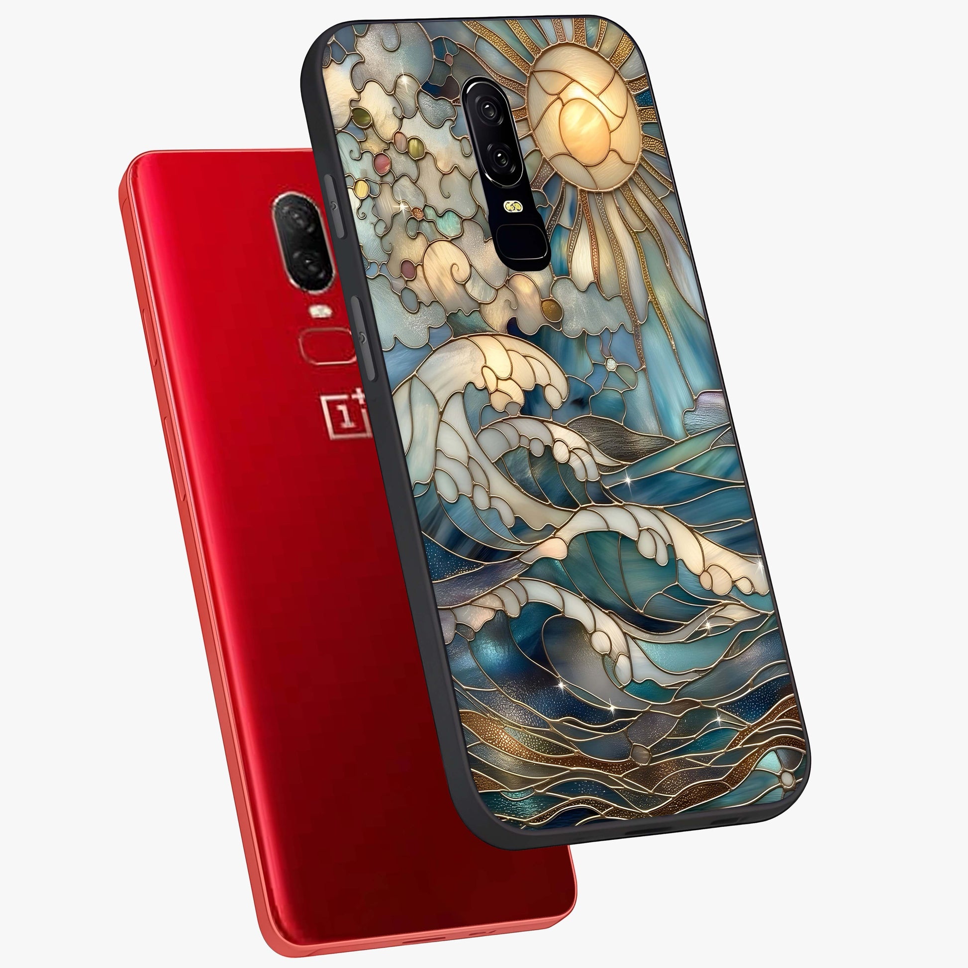 Oceanic Stained Printed Glass Case displayed in angled mockup highlighting colorful aquatic design with artistic aesthetic style.