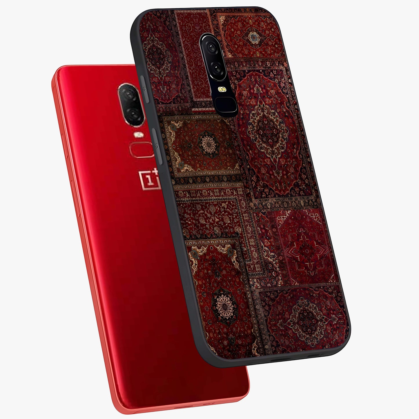 Persian Velvet Tale Glass Case displayed in angled mockup highlighting ornate textile inspired design with royal aesthetic.