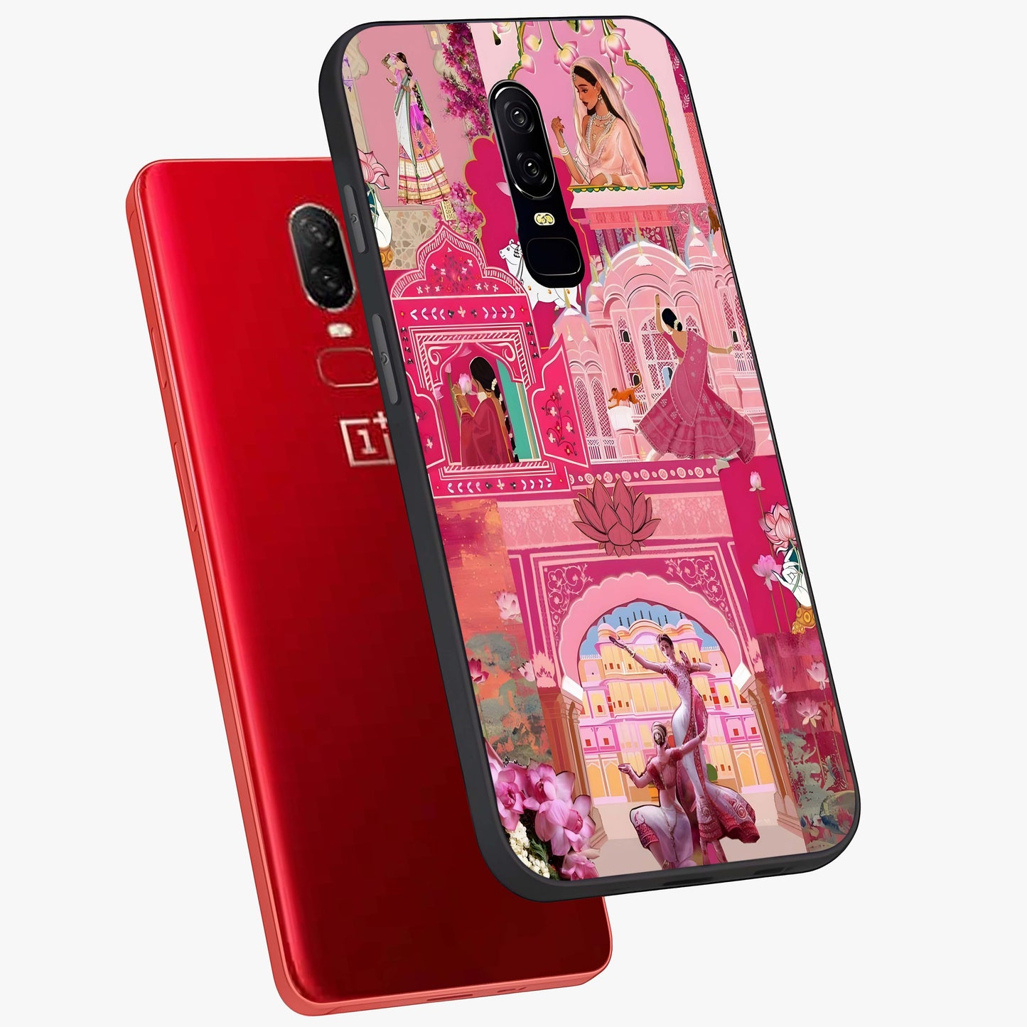 Pink Palace Muse Glass Case displayed in angled mockup highlighting dreamy palace illustration with soft pink aesthetic.